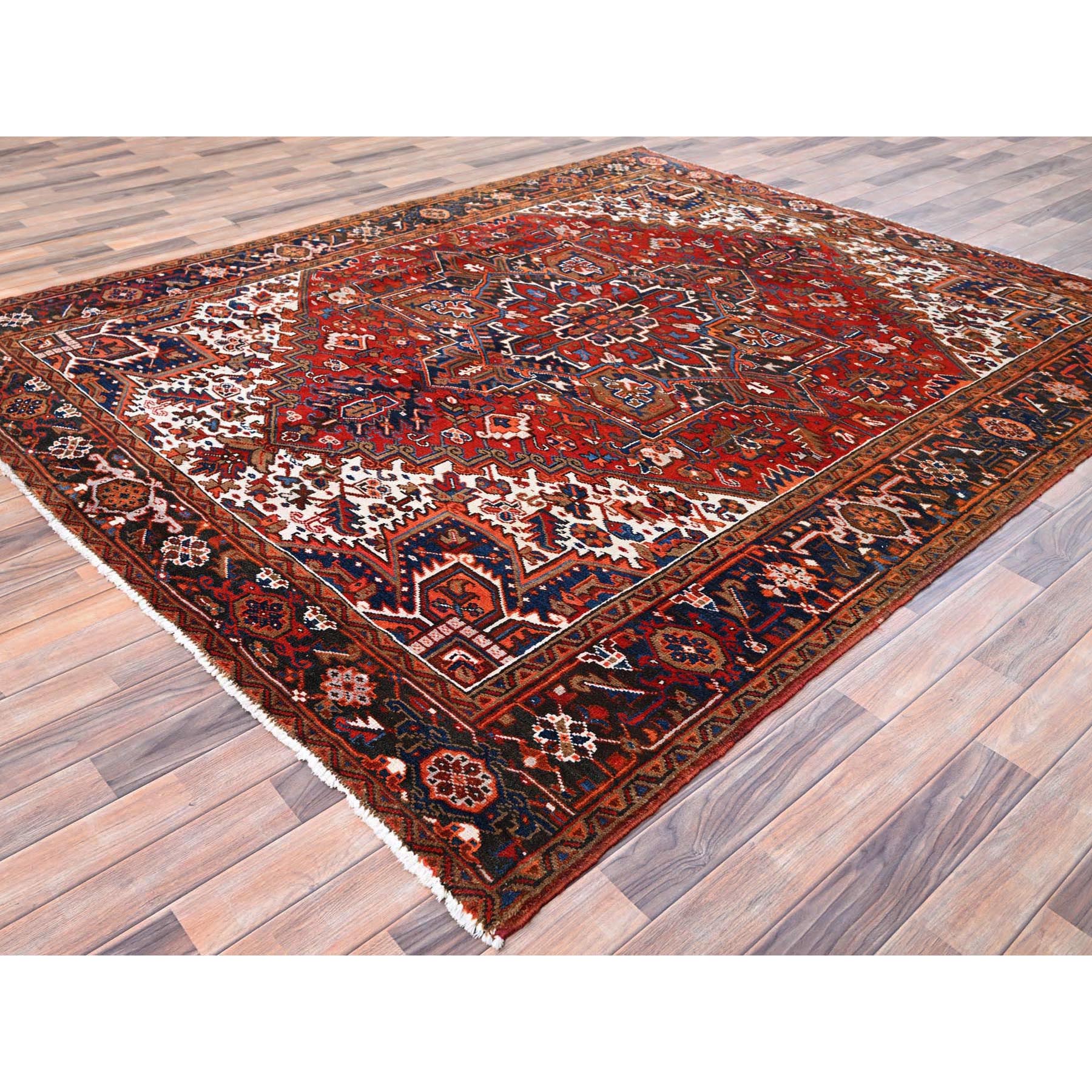 7'5"x8'10" Chili Red, Good Condition, Rustic Feel, Worn Wool, Hand Knotted, Vintage Persian Heriz, Village Motif, Oriental Rug HR85681 - Image 4
