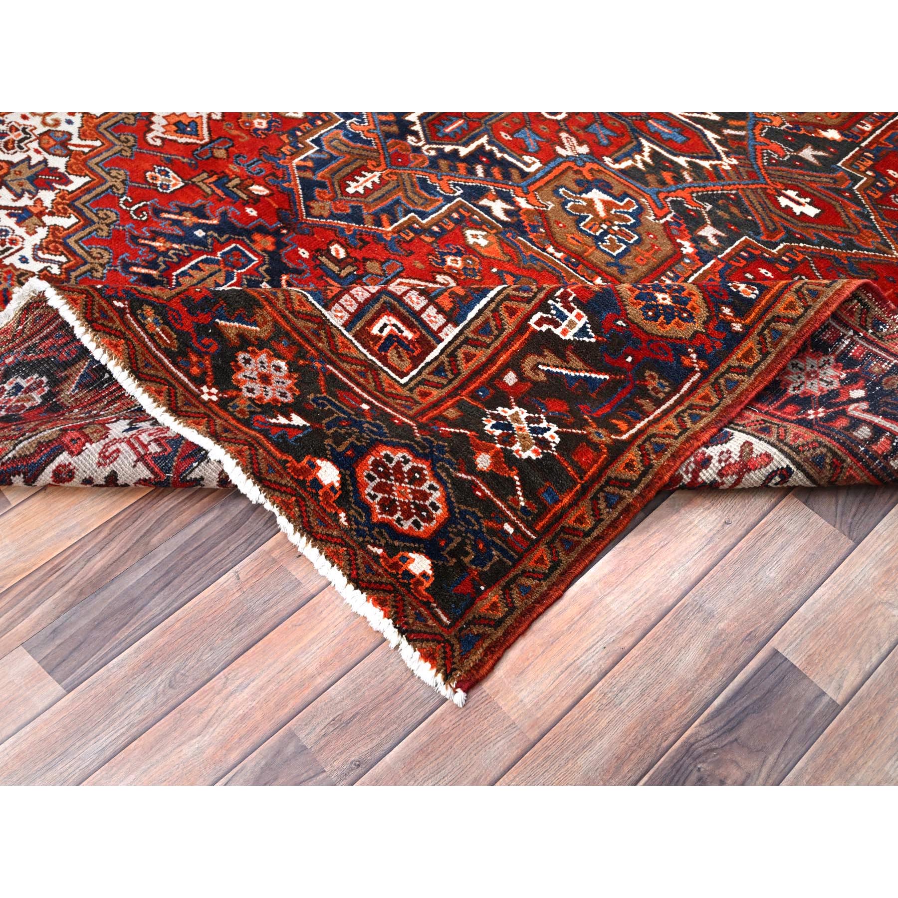 7'5"x8'10" Chili Red, Good Condition, Rustic Feel, Worn Wool, Hand Knotted, Vintage Persian Heriz, Village Motif, Oriental Rug HR85681 - Image 7