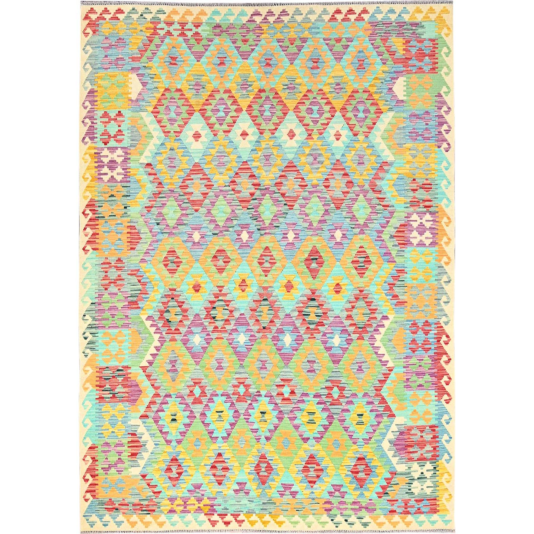 6'8"x9'7" Colorful, Pure Wool, Vegetable Dyes, Hand Woven, Afghan Kilim with Geometric Pattern, Flat Weave, Oriental Rug HR85708