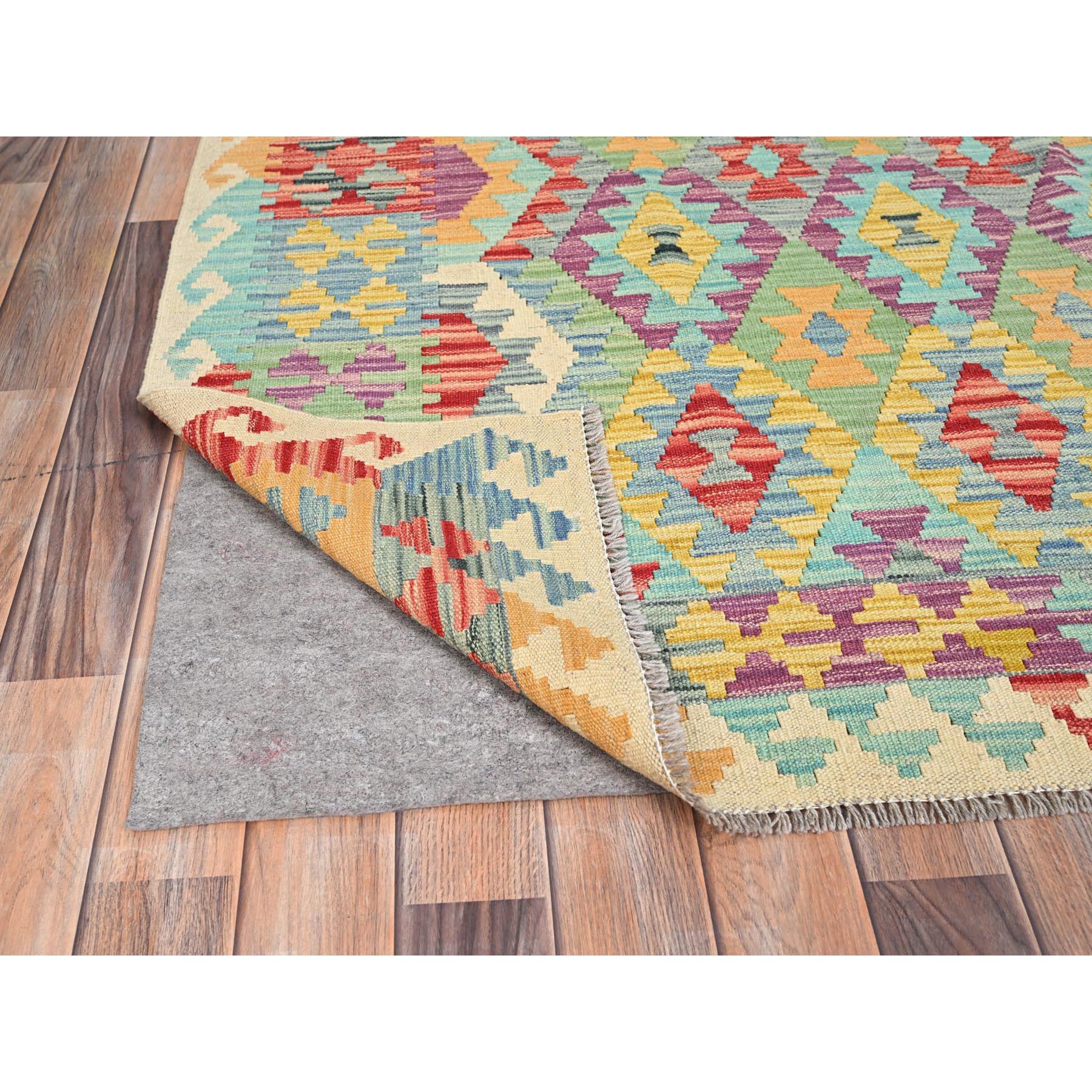 6'8"x9'7" Colorful, Pure Wool, Vegetable Dyes, Hand Woven, Afghan Kilim with Geometric Pattern, Flat Weave, Oriental Rug HR85708 - Image 3