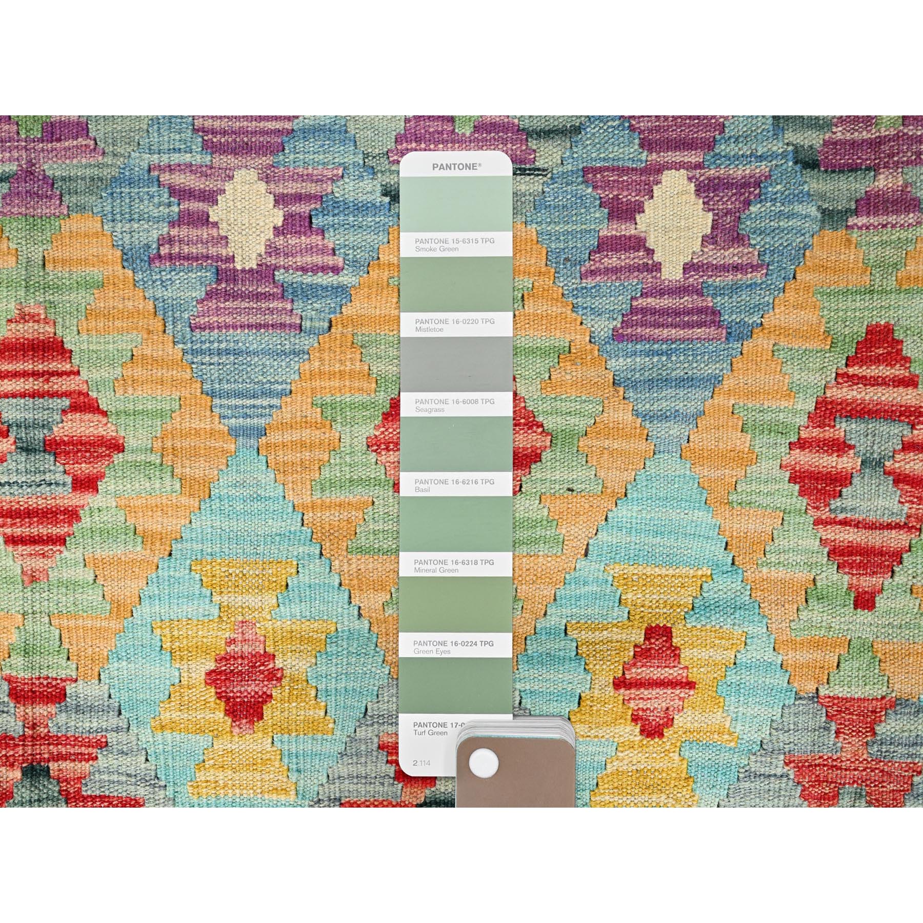 6'8"x9'7" Colorful, Pure Wool, Vegetable Dyes, Hand Woven, Afghan Kilim with Geometric Pattern, Flat Weave, Oriental Rug HR85708 - Image 4