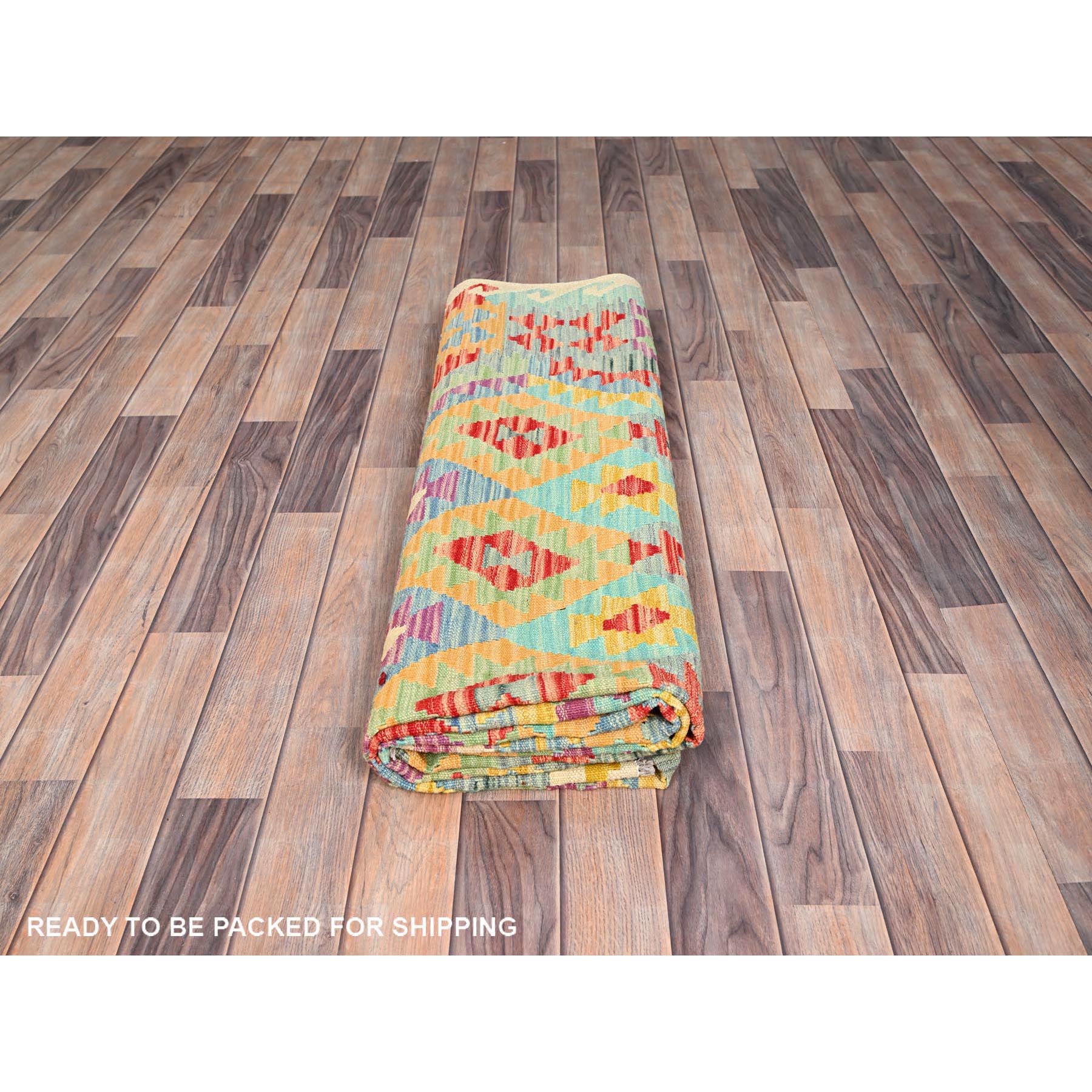 6'8"x9'7" Colorful, Pure Wool, Vegetable Dyes, Hand Woven, Afghan Kilim with Geometric Pattern, Flat Weave, Oriental Rug HR85708 - Image 5