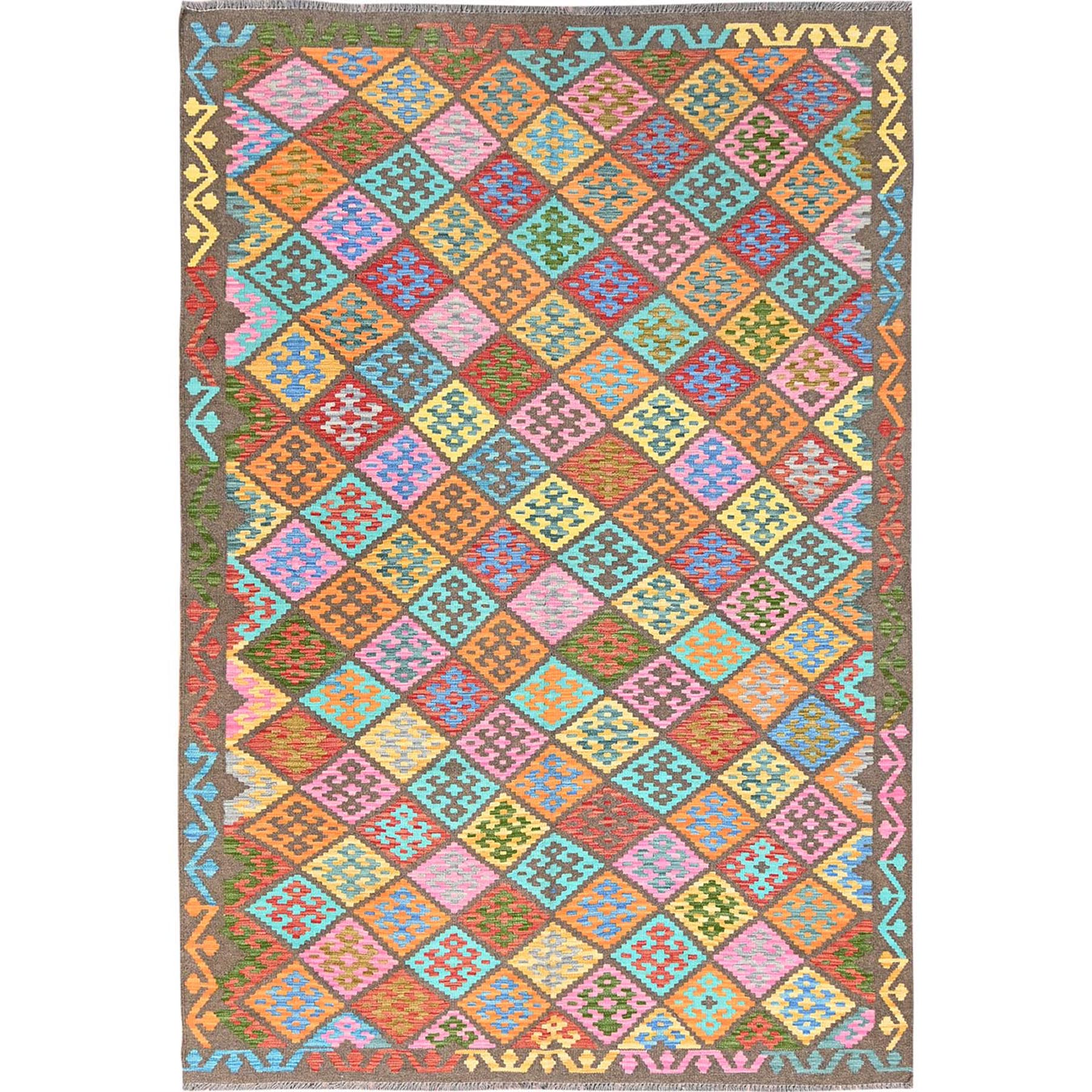 6'8"x9'9" Colorful, Flat Weave, Natural Dyes, Soft Wool, Afghan Kilim with Geometric Pattern, Hand Woven, Oriental Rug HR85719
