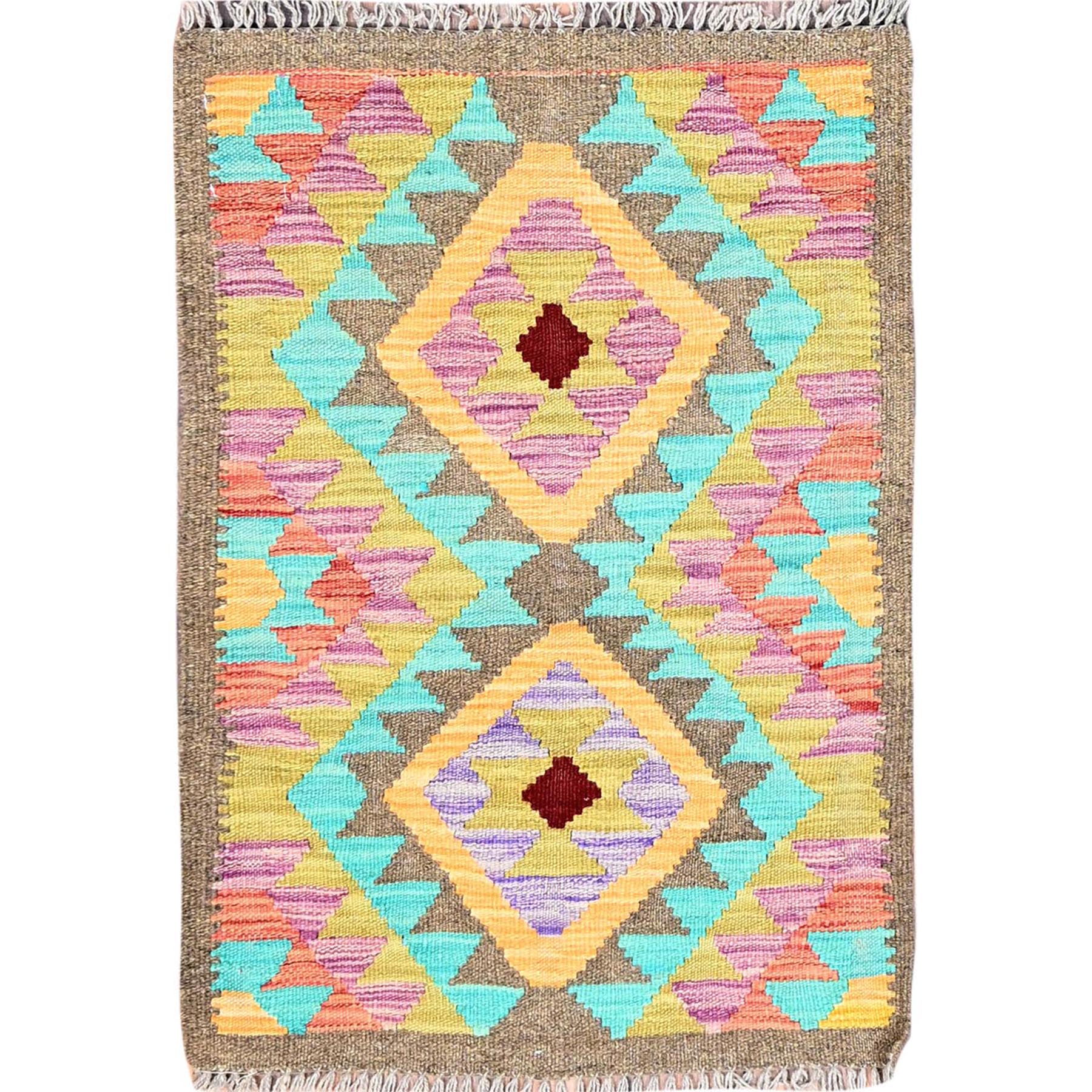2'x3' Colorful, Reversible, Flat Weave, Hand Woven, Pure Wool, Afghan Kilim With Geometric Pattern, Natural Dyes, Oriental Rug HR85733