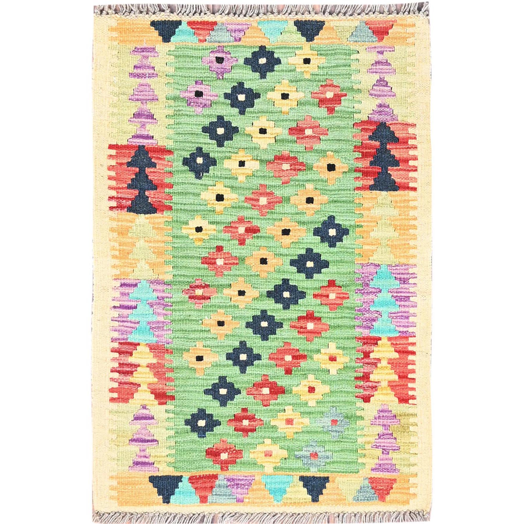 2'x3' Fern Green, Natural Dyes, Soft Wool, Reversible, Flat Weave, Afghan Kilim with Geometric Pattern, Hand Woven, Oriental Rug HR85749
