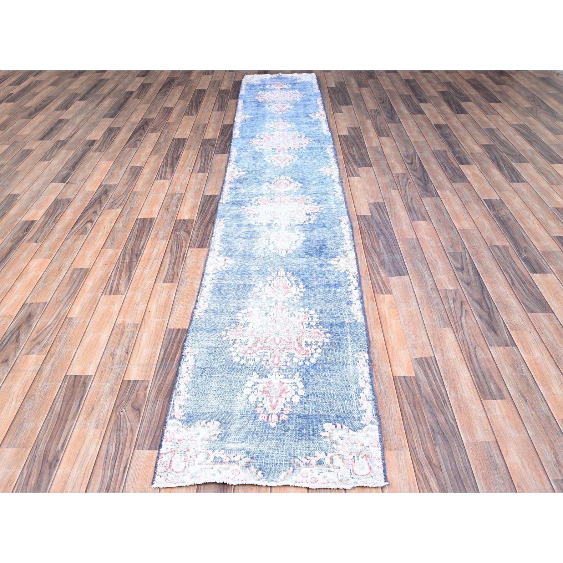 2'1"x12' Steel Blue, Hand Knotted, Vintage Persian Kerman, Erased Design, Worn Down, Pure Wool, Cleaned with Sides and Edges Professionally Secured, Runner Oriental Rug HR85778 - Image 2