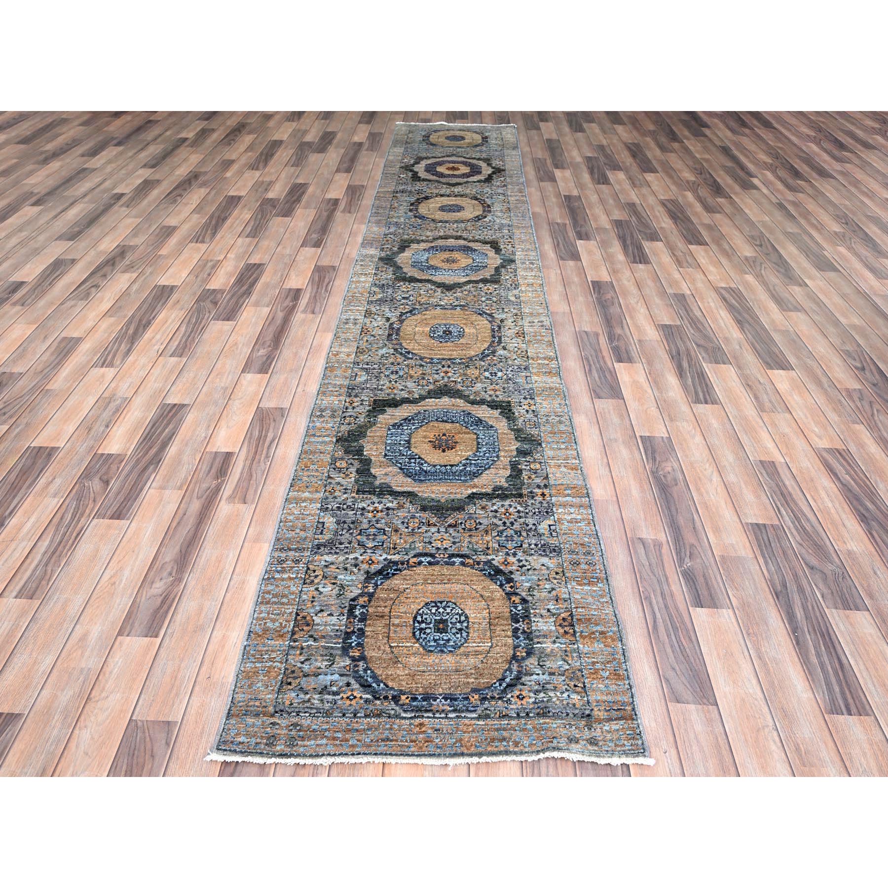 2'6"x13'9" Arctic Blue, 14th Century Mamluk Dynasty Pattern, Extra Soft Wool, Hand Knotted, Vegetable Dyes, 200 KPSI, Runner Oriental Rug HR85849 - Image 2