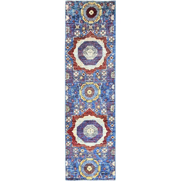 2'8"x9'10" Cobalt Blue, Hand Knotted, Vegetable Dyes, Natural Wool, 14th Century Mamluk Dynasty Pattern, 200 KPSI, Runner Oriental Rug HR85851