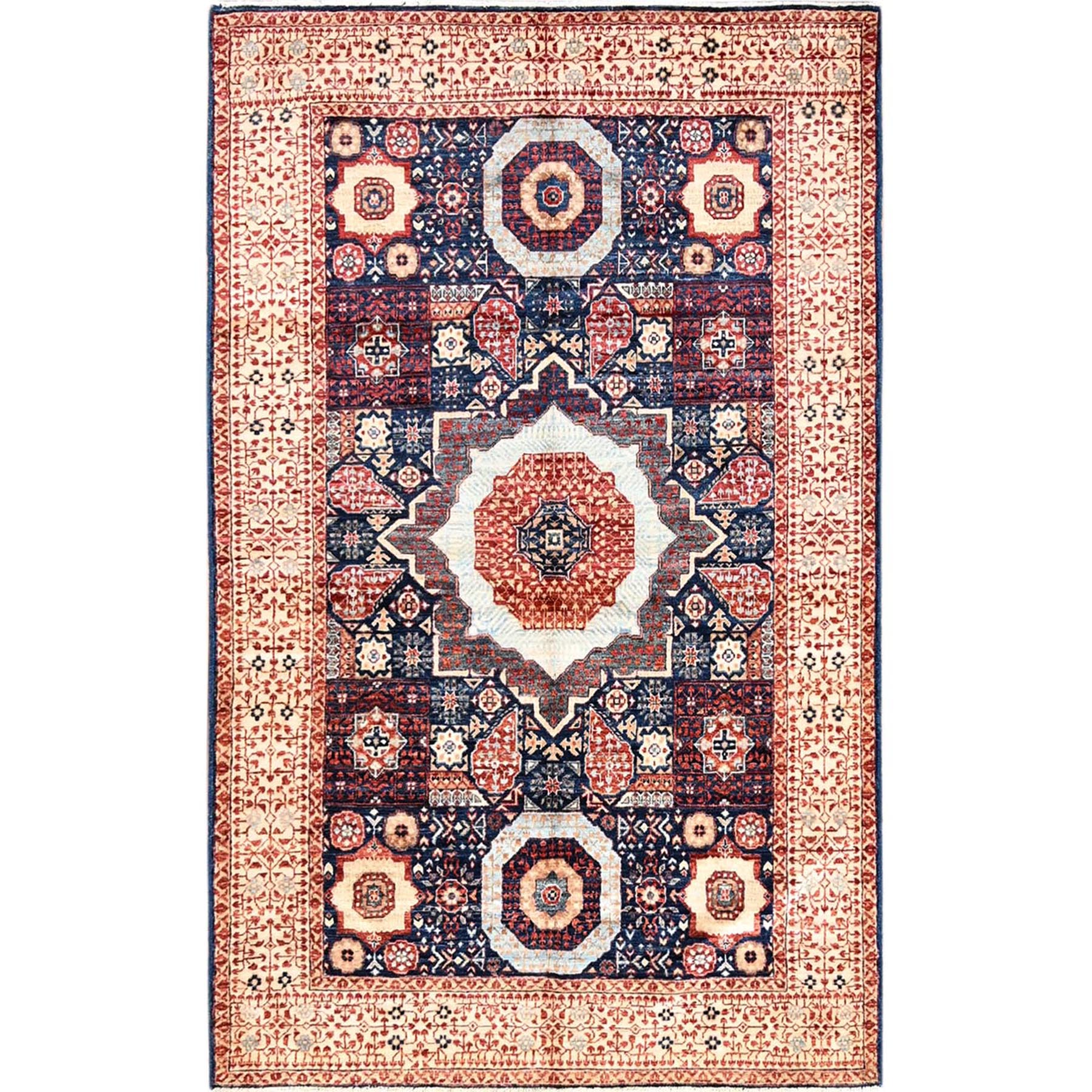 3'10"x6'3" Berry Blue, Natural Dyes, Hand Knotted, 14th Century Mamluk Dynasty Pattern, 200 KPSI, Pure Wool, Oriental Rug HR85852