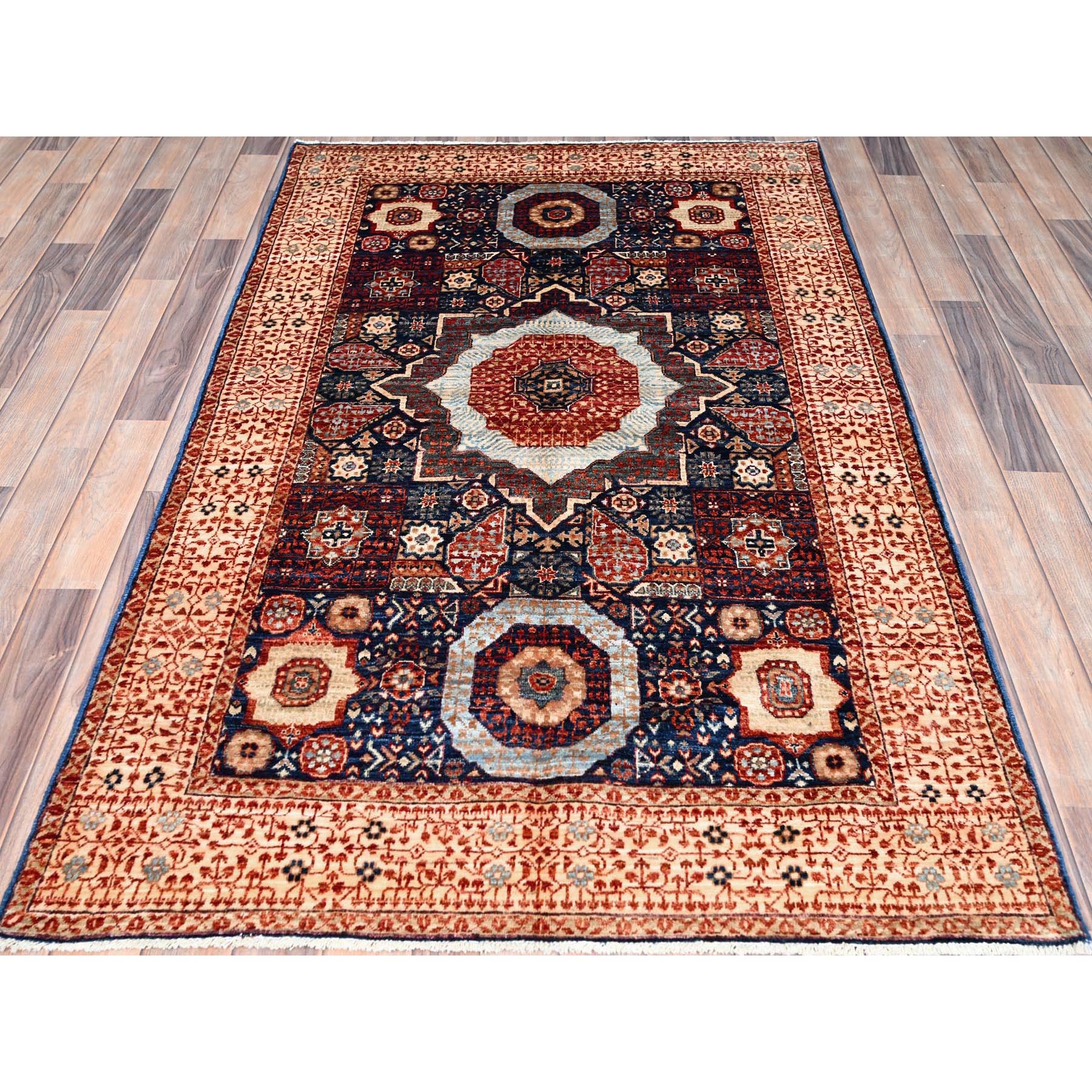 3'10"x6'3" Berry Blue, Natural Dyes, Hand Knotted, 14th Century Mamluk Dynasty Pattern, 200 KPSI, Pure Wool, Oriental Rug HR85852 - Image 2