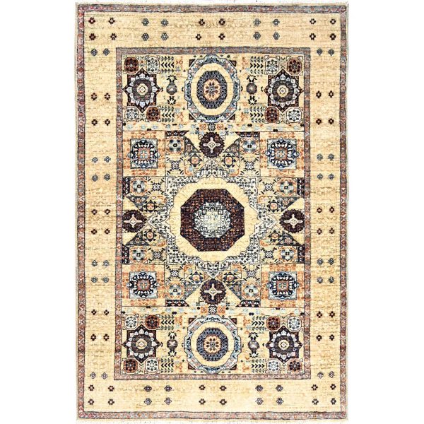 3'10"x6' Eggshell White, 200 KPSI, Extra Soft Wool, Hand Knotted, 14th Century Mamluk Dynasty Pattern, Vegetable Dyes, Oriental Rug HR85859