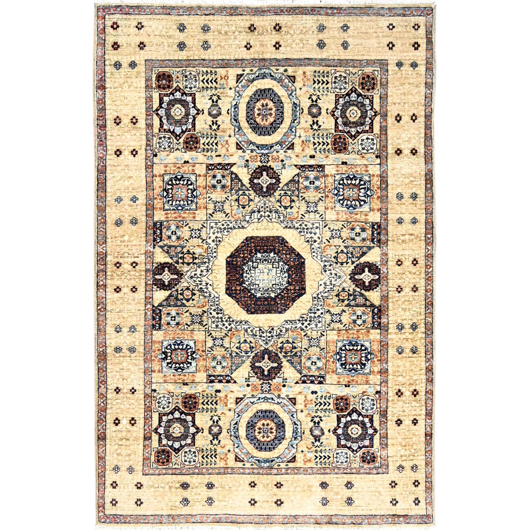 3'10"x6' Eggshell White, 200 KPSI, Extra Soft Wool, Hand Knotted, 14th Century Mamluk Dynasty Pattern, Vegetable Dyes, Oriental Rug HR85859