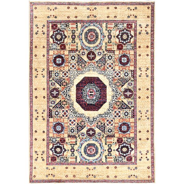 4'9"x7'1" Porcelain White, 14th Century Mamluk Dynasty Pattern, 200 KPSI, Natural Dyes, 100% Wool, Hand Knotted, Oriental Rug HR85860