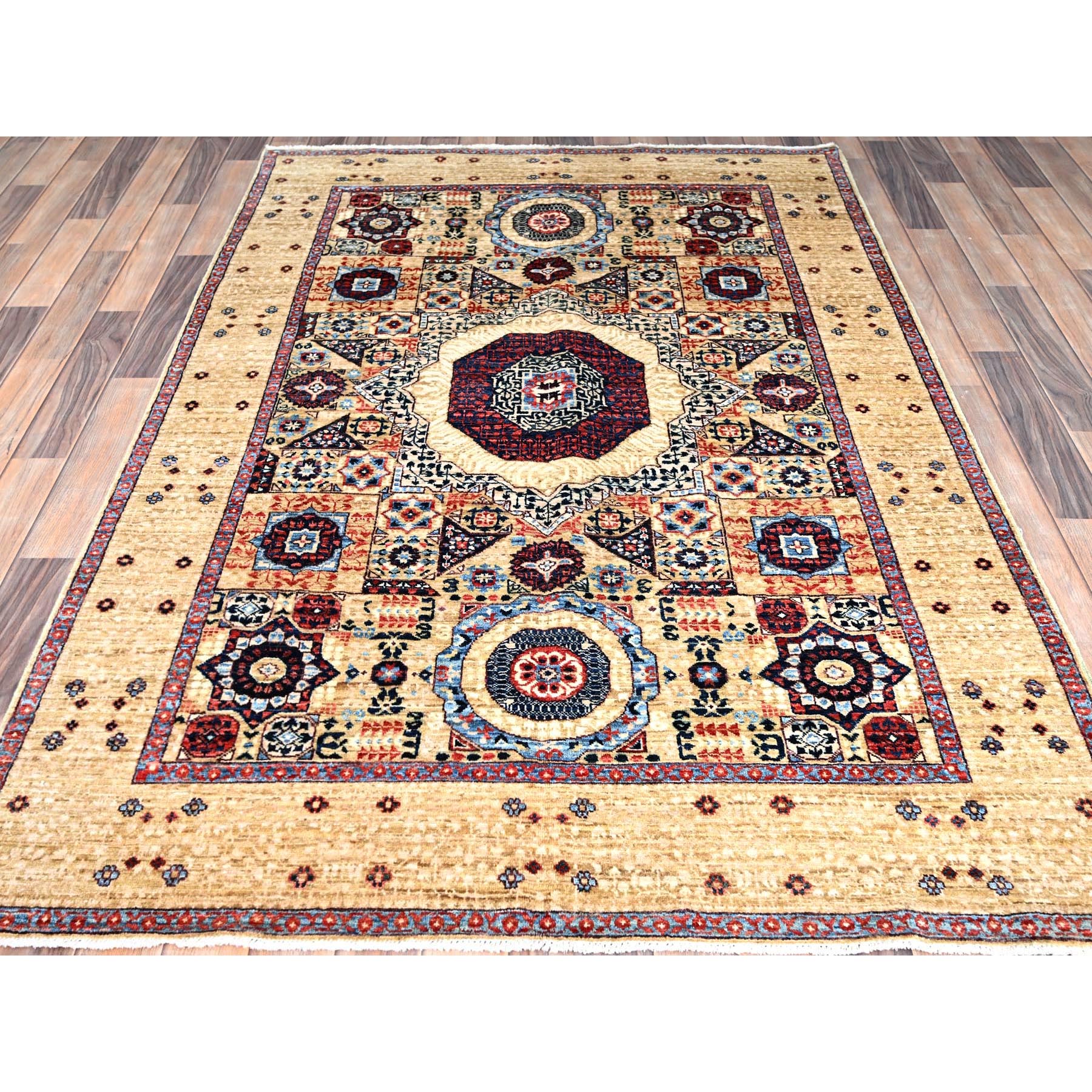 4'9"x7'1" Porcelain White, 14th Century Mamluk Dynasty Pattern, 200 KPSI, Natural Dyes, 100% Wool, Hand Knotted, Oriental Rug HR85860 - Image 2