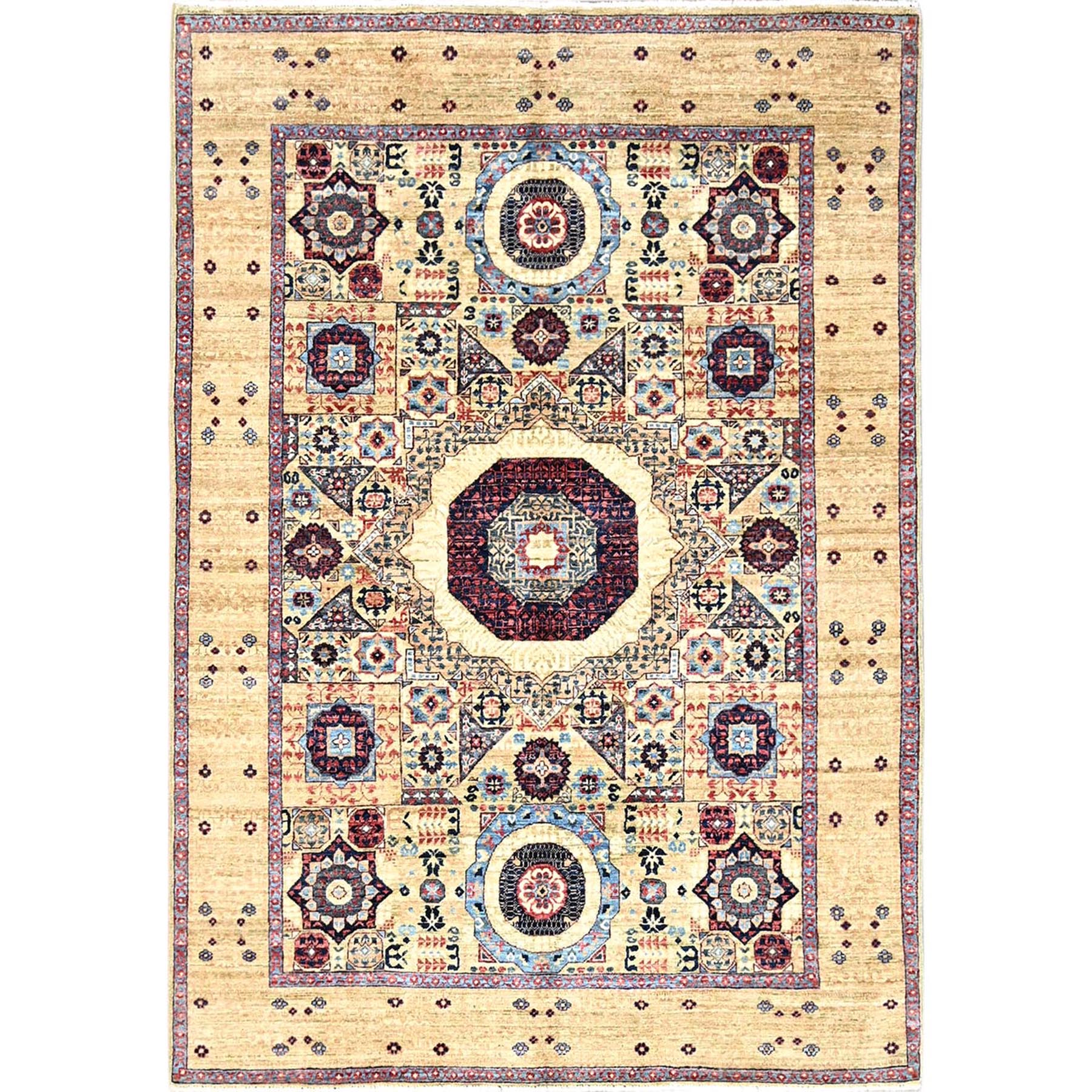 5'x7' Powder White, Vegetable Dyes, Hand Knotted, Natural Wool, 14th Century Mamluk Dynasty Pattern, 200 KPSI, Oriental Rug HR85861