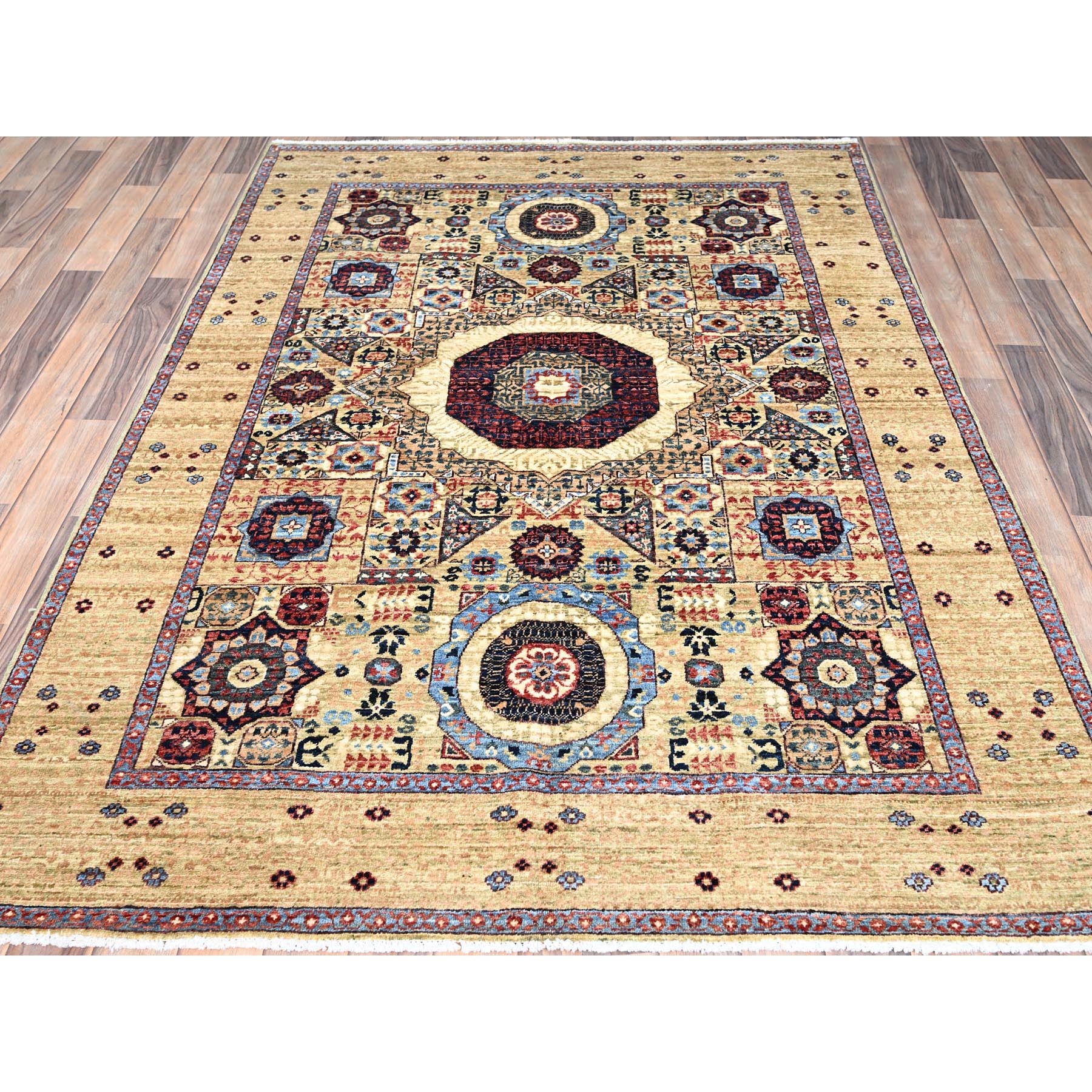 5'x7' Powder White, Vegetable Dyes, Hand Knotted, Natural Wool, 14th Century Mamluk Dynasty Pattern, 200 KPSI, Oriental Rug HR85861 - Image 2
