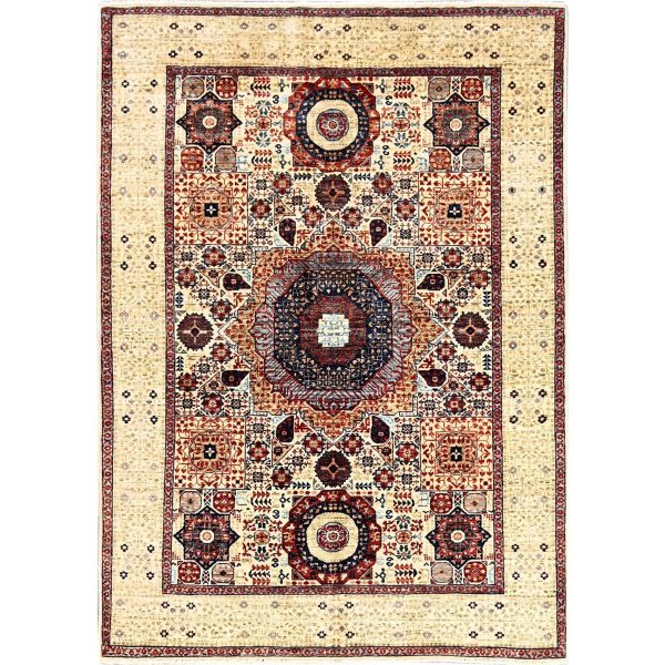4'10"x7' Alabaster White, 200 KPSI, Hand Knotted, Vegetable Dyes, 100% Wool, 14th Century Mamluk Dynasty Pattern, Oriental Rug HR85865