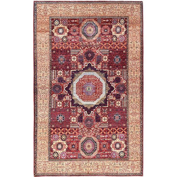 5'9"x9'7" Vermilion Red, Hand Knotted, 14th Century Mamluk Dynasty Pattern, 200 KPSI, Natural Dyes, Pure Wool, Oriental Rug HR85882