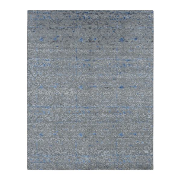 7'10"x10'2" Stone Gray, Pure Silk with Textured Wool, Trellis Garden Design, Hand Knotted, Oriental Rug HR87060