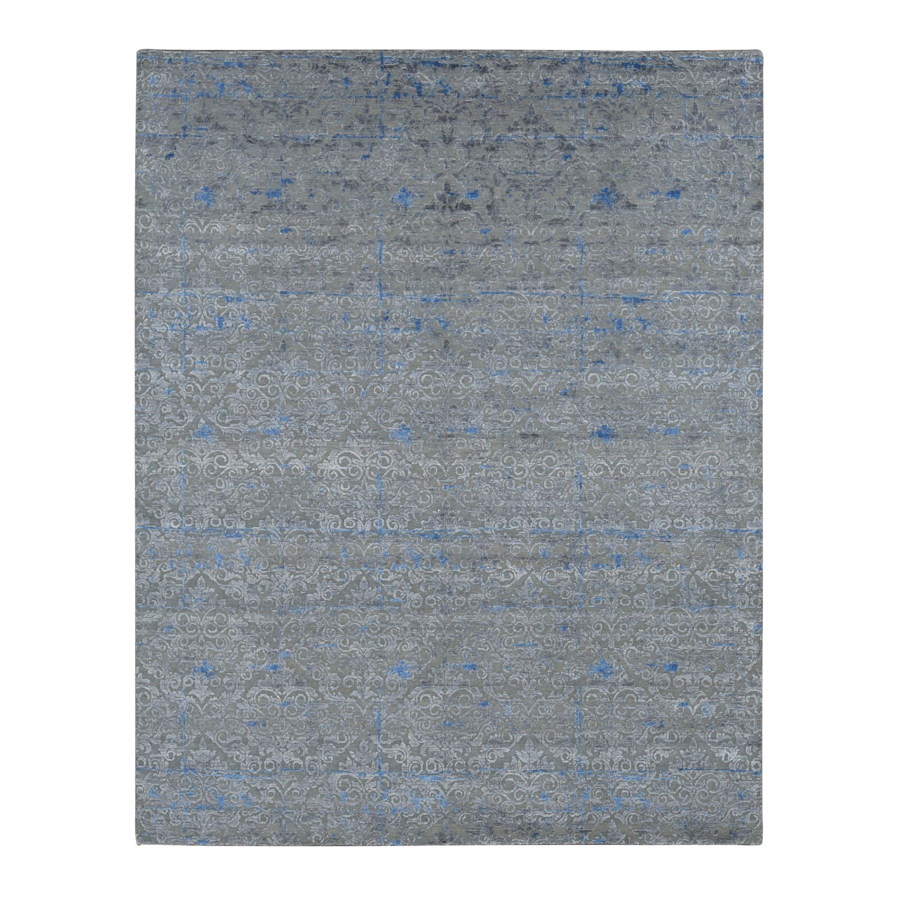 7'10"x10'2" Stone Gray, Pure Silk with Textured Wool, Trellis Garden Design, Hand Knotted, Oriental Rug HR87060