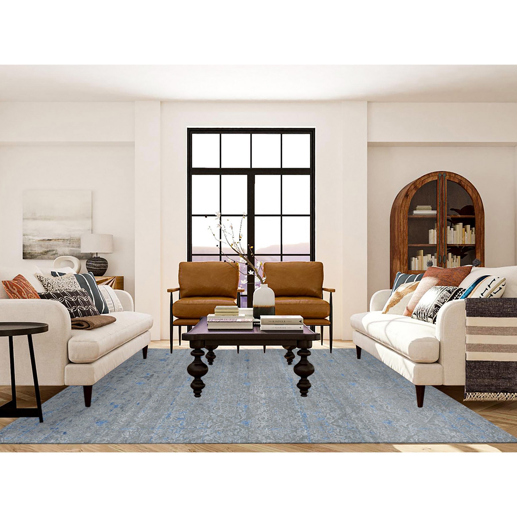 7'10"x10'2" Stone Gray, Pure Silk with Textured Wool, Trellis Garden Design, Hand Knotted, Oriental Rug HR87060 - Image 2