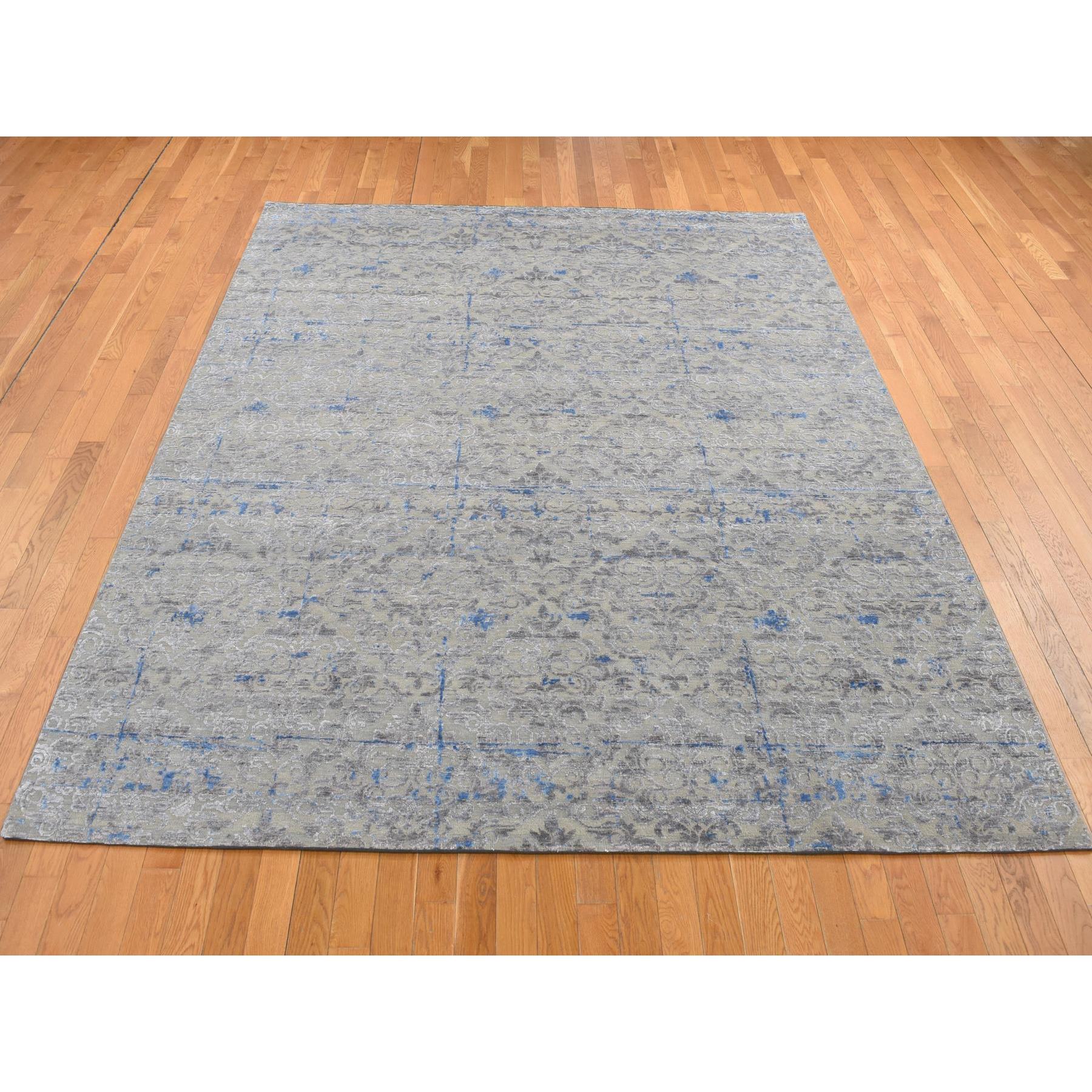 7'10"x10'2" Stone Gray, Pure Silk with Textured Wool, Trellis Garden Design, Hand Knotted, Oriental Rug HR87060 - Image 3