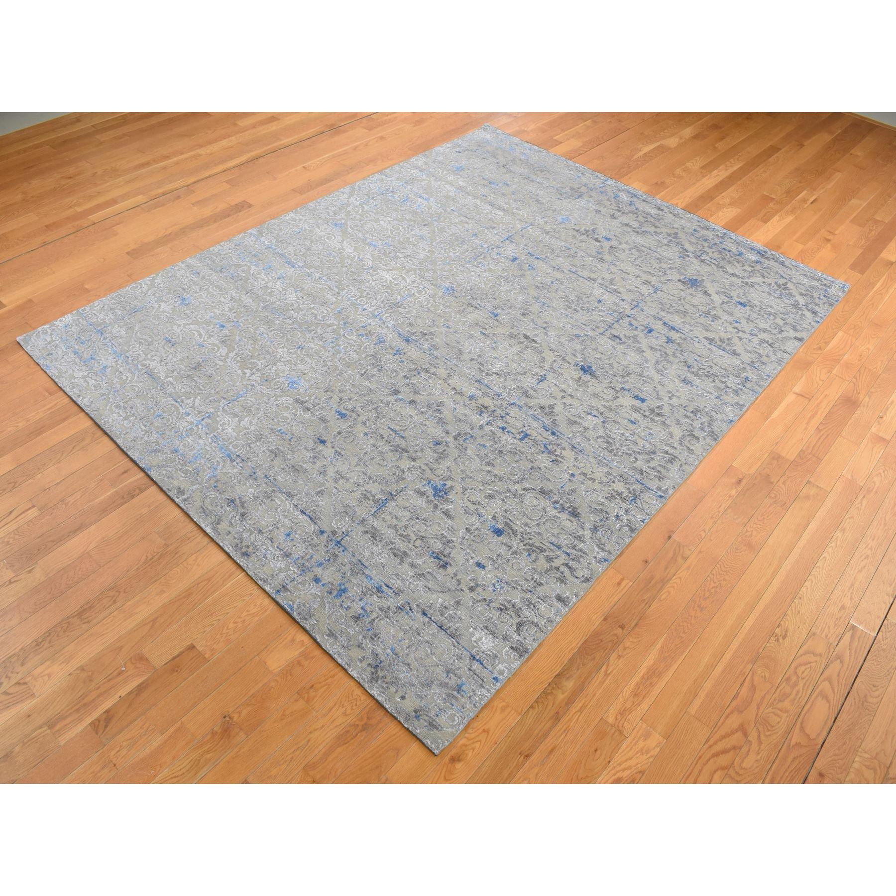 7'10"x10'2" Stone Gray, Pure Silk with Textured Wool, Trellis Garden Design, Hand Knotted, Oriental Rug HR87060 - Image 4