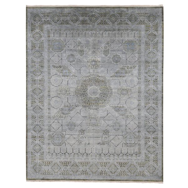 9'x11'7" Cadet Gray, Silk with Textured Wool, Mamluk Design, Hand Knotted, Oriental Rug HR87075