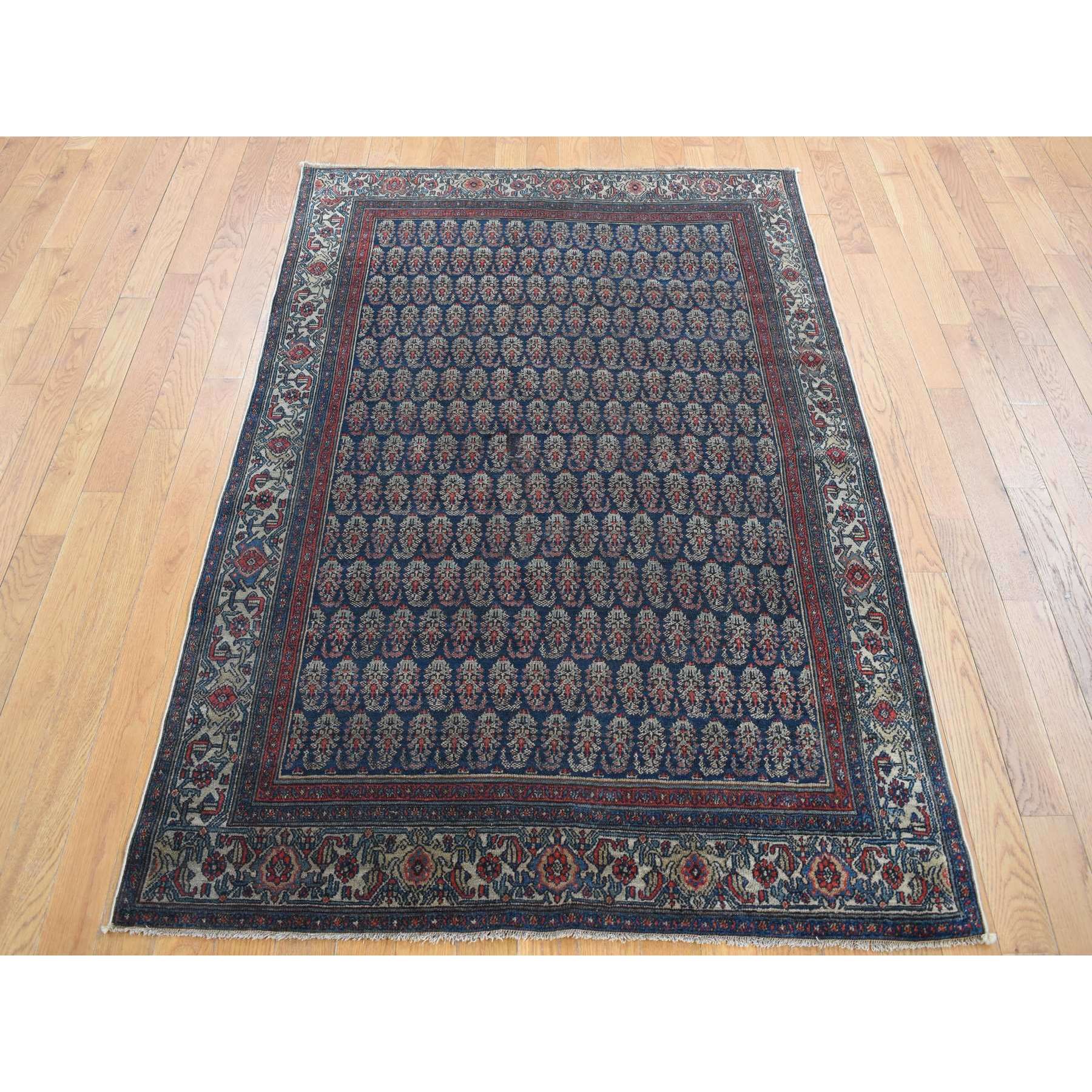 4'x6' Yankees Blue, Antique Persian Senneh, All Over Paisley Repetitive Design, Hand Knotted, Pure Wool, Super Dense Weave, Slight Wear, Cleaned with Sides and Ends Secured, Oriental Rug HR87479 - Image 2