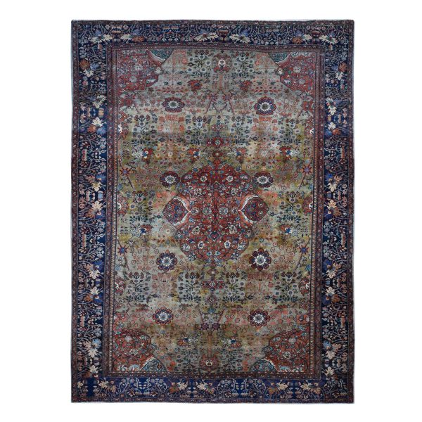 8'4"x11'6" Old Moss Green, Rare Antique Persian Sarouk Fereghan with Medallion Design, Dense Weave, Hand Knotted, Pure Wool, Even Wear and Soft, Cleaned with Sides and Ends Professionally Secured, Oriental Rug HR87480