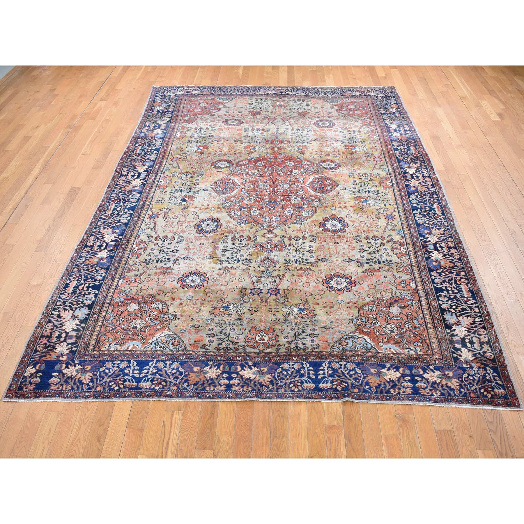 8'4"x11'6" Old Moss Green, Rare Antique Persian Sarouk Fereghan with Medallion Design, Dense Weave, Hand Knotted, Pure Wool, Even Wear and Soft, Cleaned with Sides and Ends Professionally Secured, Oriental Rug HR87480 - Image 2