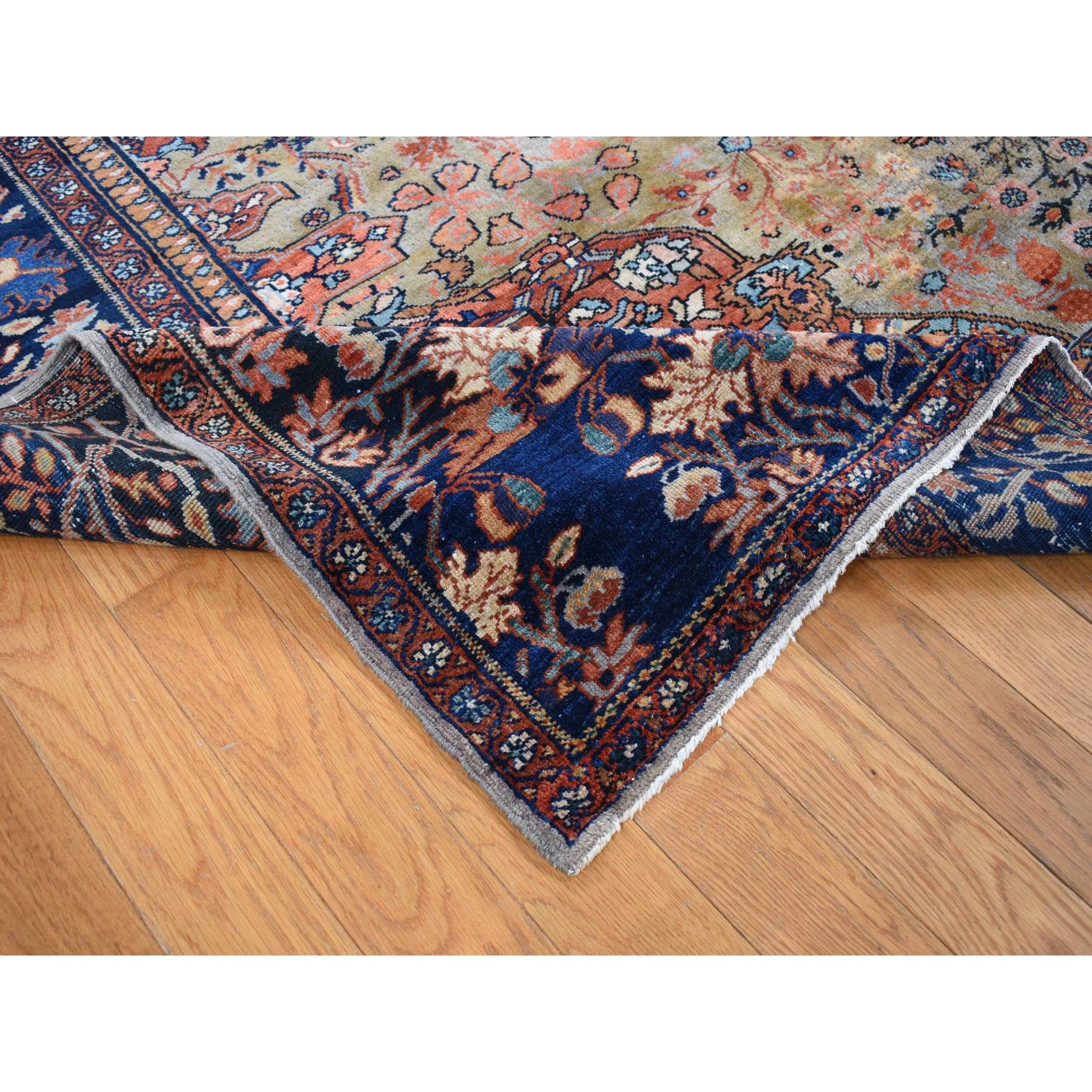 8'4"x11'6" Old Moss Green, Rare Antique Persian Sarouk Fereghan with Medallion Design, Dense Weave, Hand Knotted, Pure Wool, Even Wear and Soft, Cleaned with Sides and Ends Professionally Secured, Oriental Rug HR87480 - Image 5