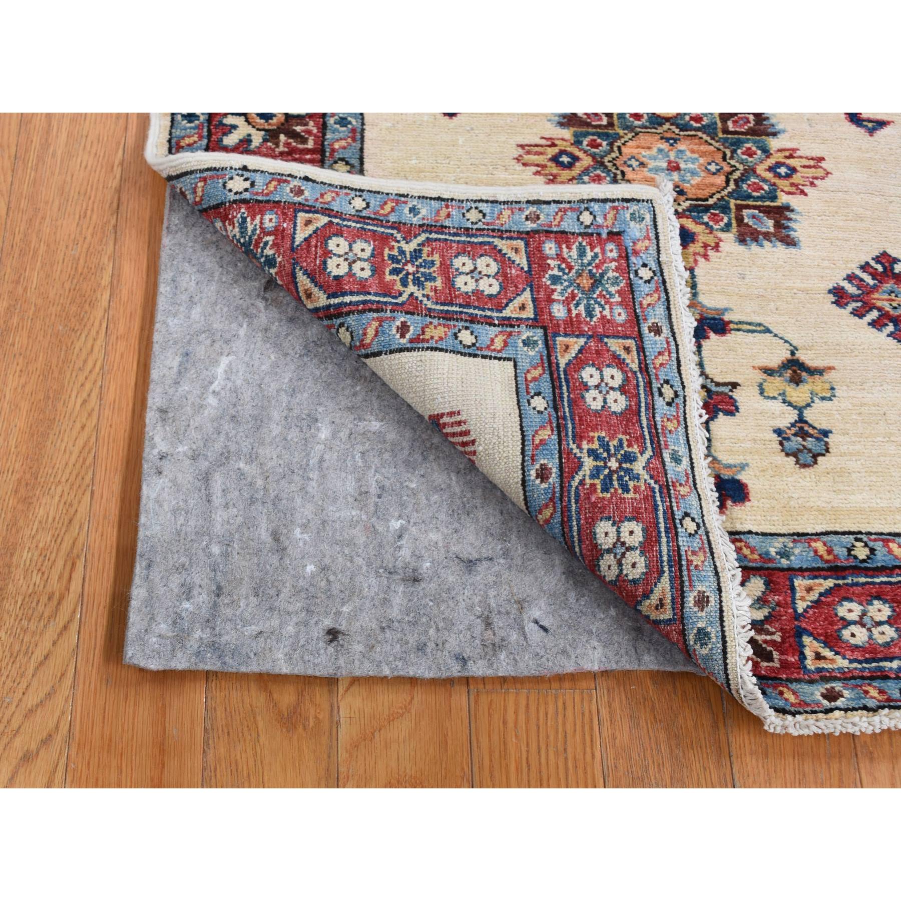 2'9"x8'7" Bone White, Afghan Super Kazak with Tribal Medallion Design, Hand Knotted, Pure Wool, Runner, Oriental Rug HR87493 - Image 3