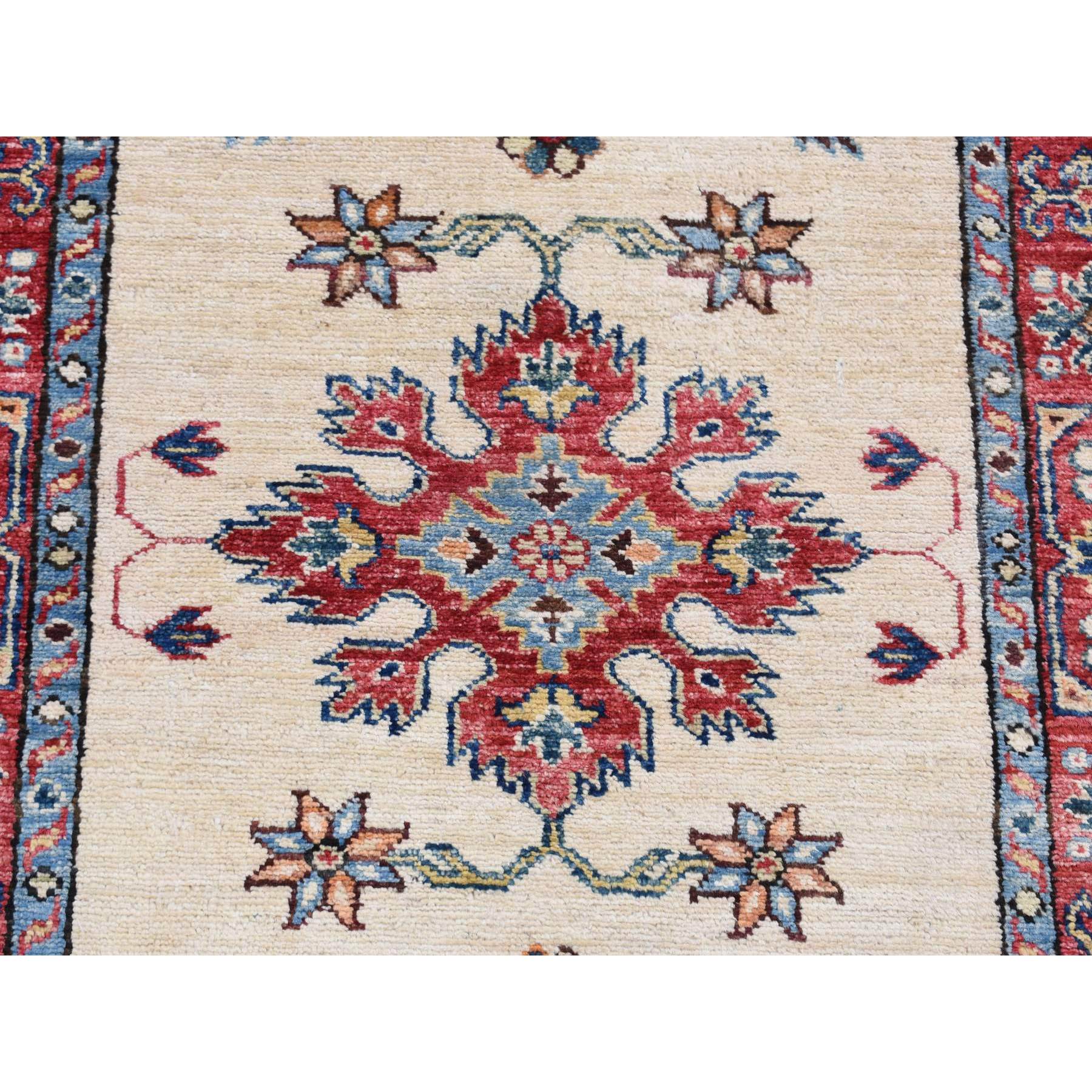 2'9"x8'7" Bone White, Afghan Super Kazak with Tribal Medallion Design, Hand Knotted, Pure Wool, Runner, Oriental Rug HR87493 - Image 6