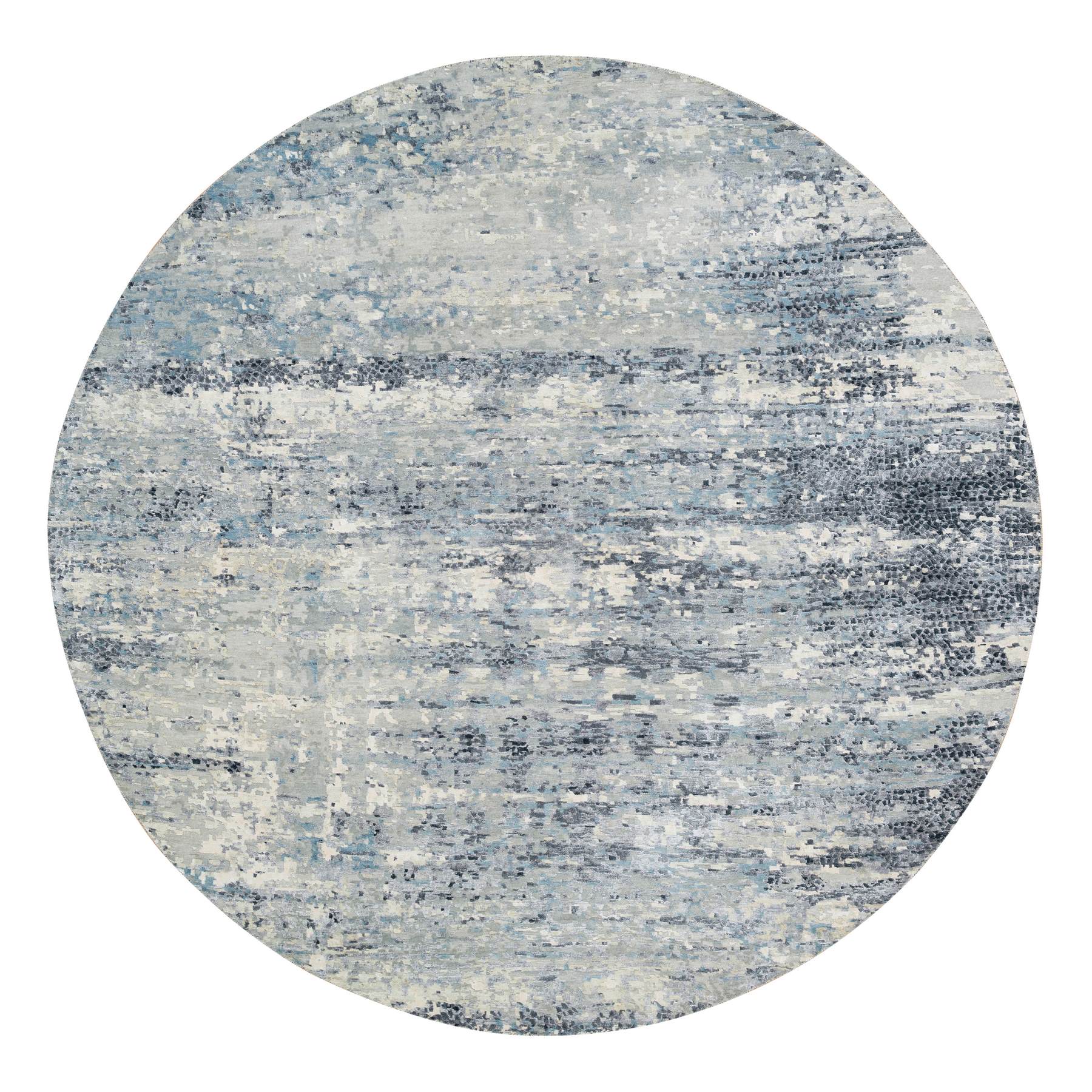 11'6"x11'6" Blue and Gray, Natural Dyes, Tone on Tone, Modern Abstract with Mosaic Design, Wool and Silk Hand Knotted, Dense Weave, Round Oriental Rug HR65635