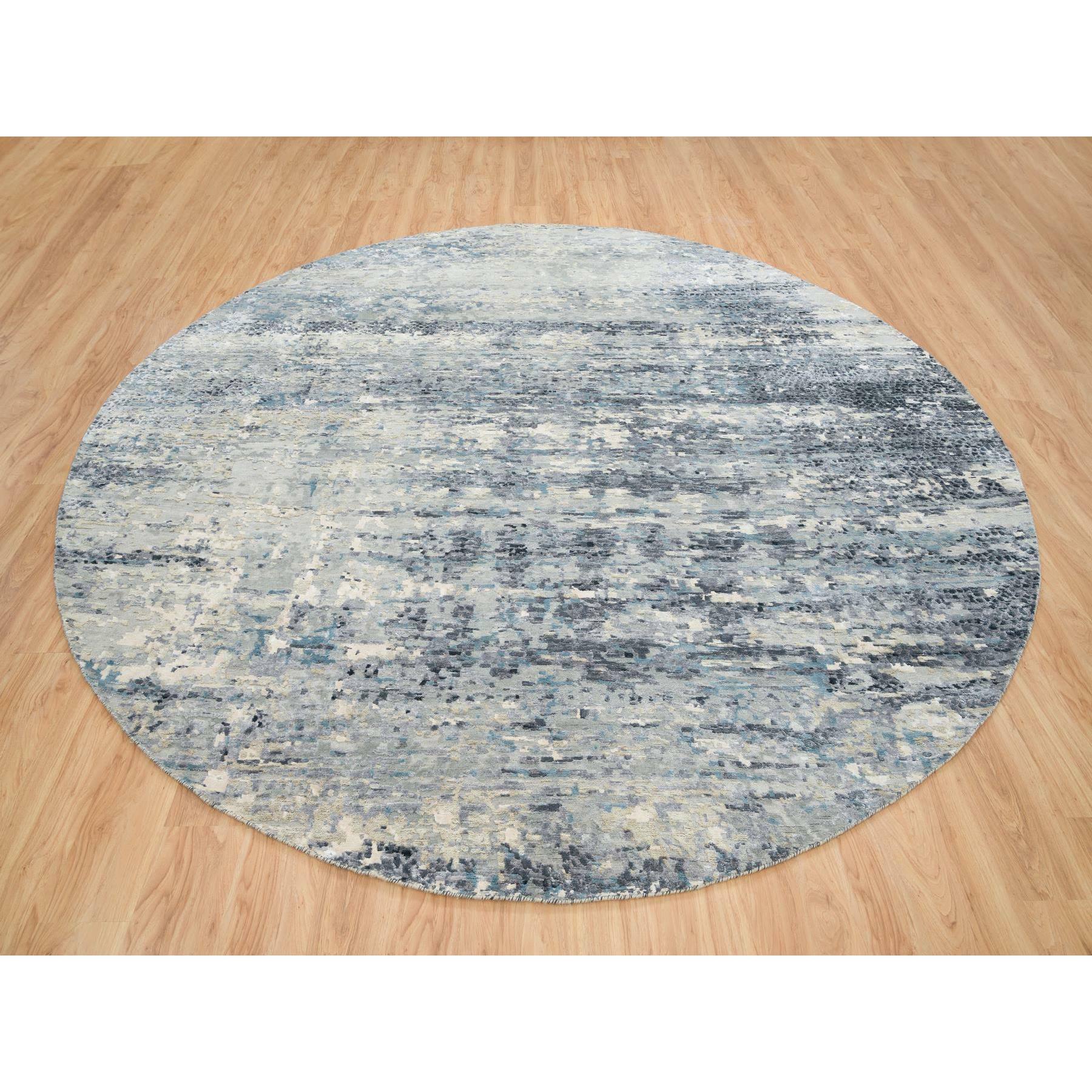11'6"x11'6" Blue and Gray, Natural Dyes, Tone on Tone, Modern Abstract with Mosaic Design, Wool and Silk Hand Knotted, Dense Weave, Round Oriental Rug HR65635 - Image 2