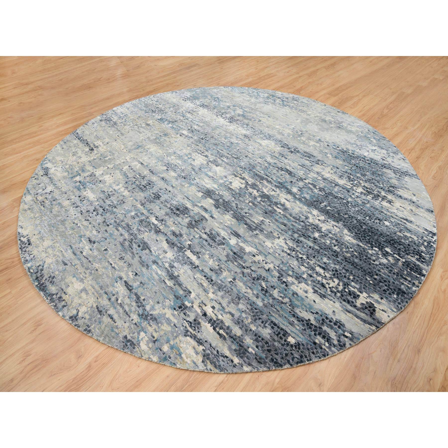 11'6"x11'6" Blue and Gray, Natural Dyes, Tone on Tone, Modern Abstract with Mosaic Design, Wool and Silk Hand Knotted, Dense Weave, Round Oriental Rug HR65635 - Image 3