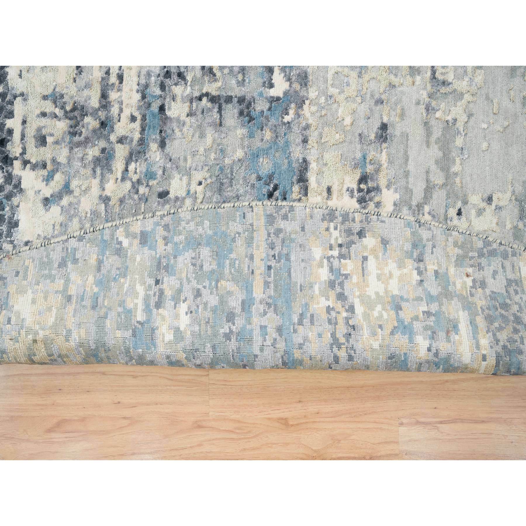 11'6"x11'6" Blue and Gray, Natural Dyes, Tone on Tone, Modern Abstract with Mosaic Design, Wool and Silk Hand Knotted, Dense Weave, Round Oriental Rug HR65635 - Image 4