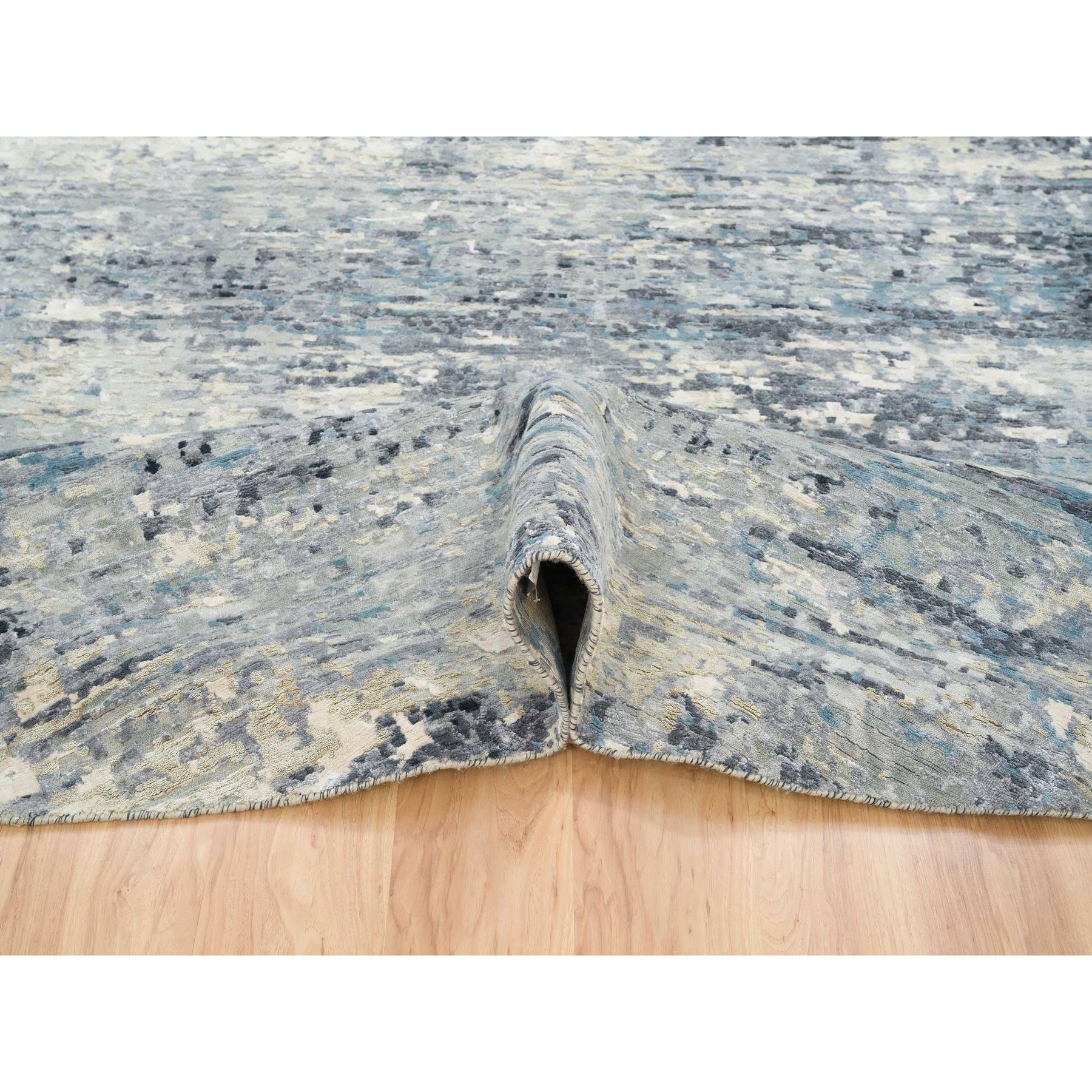 11'6"x11'6" Blue and Gray, Natural Dyes, Tone on Tone, Modern Abstract with Mosaic Design, Wool and Silk Hand Knotted, Dense Weave, Round Oriental Rug HR65635 - Image 5