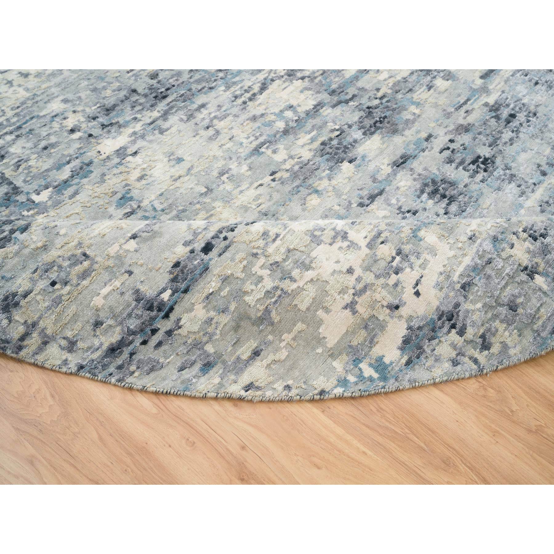 11'6"x11'6" Blue and Gray, Natural Dyes, Tone on Tone, Modern Abstract with Mosaic Design, Wool and Silk Hand Knotted, Dense Weave, Round Oriental Rug HR65635 - Image 6