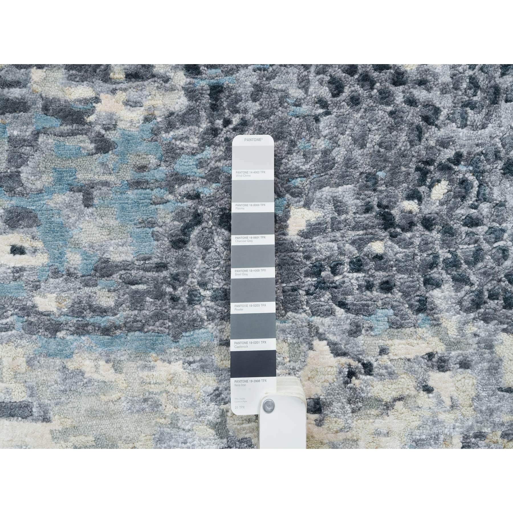 11'6"x11'6" Blue and Gray, Natural Dyes, Tone on Tone, Modern Abstract with Mosaic Design, Wool and Silk Hand Knotted, Dense Weave, Round Oriental Rug HR65635 - Image 7