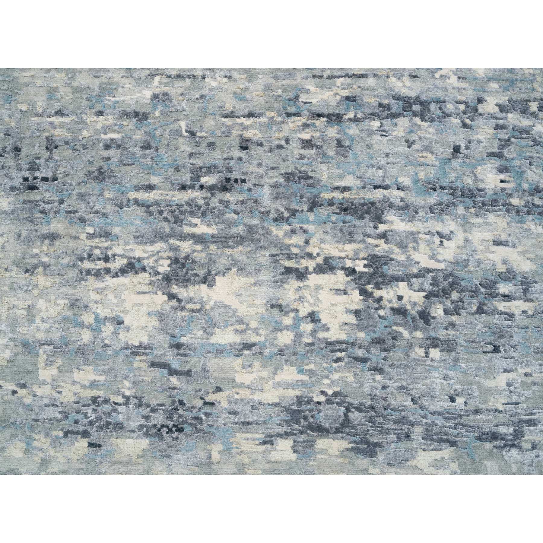 11'6"x11'6" Blue and Gray, Natural Dyes, Tone on Tone, Modern Abstract with Mosaic Design, Wool and Silk Hand Knotted, Dense Weave, Round Oriental Rug HR65635 - Image 8