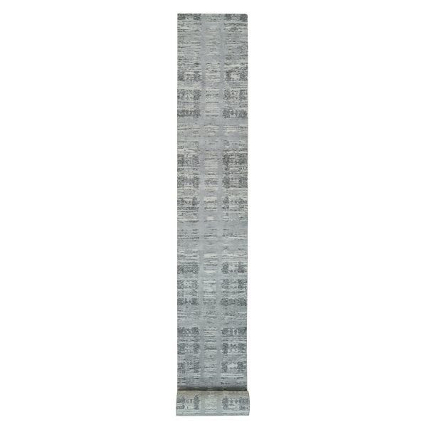 2'7"x25'6" Ash Gray, Hand Spun Undyed Natural Wool, Hand Knotted, Modern Design, XL Runner Oriental Rug HR65956