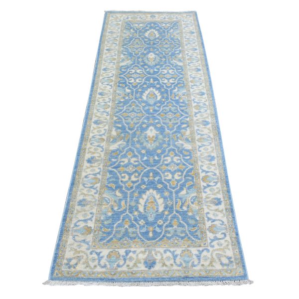 2'7"x7'7" Light Blue, Fine Peshawar with Ziegler Mahal Design, Natural Dyes Densely Woven, Velvety Wool Hand Knotted, Runner Oriental Rug HR72538