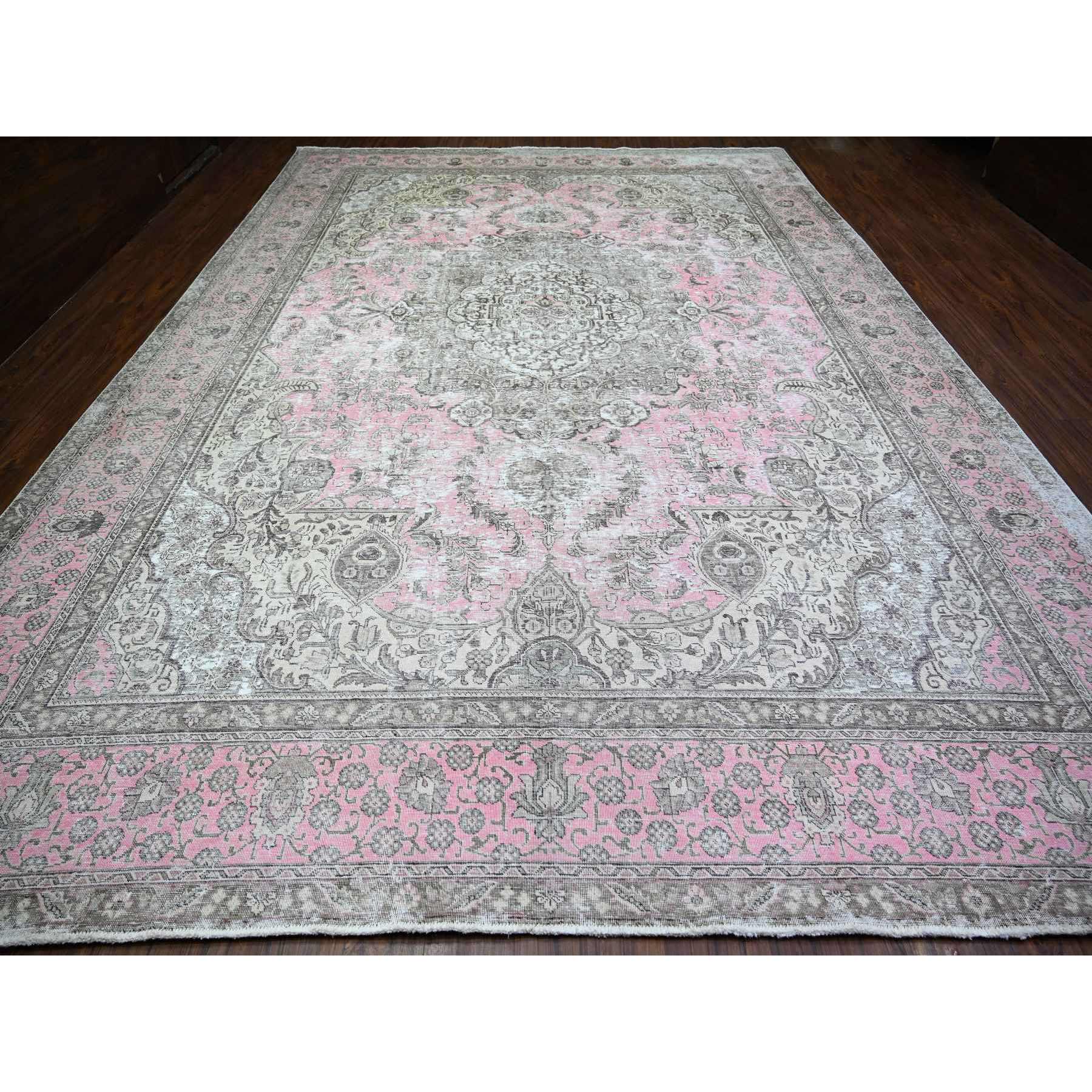 11'3"x15'9" Blush Pink, Vintage Tabriz, Distressed Look, Cropped Thin, Worn Out, Soft Wool, Hand Knotted, Oriental Rug HR74481 - Image 3