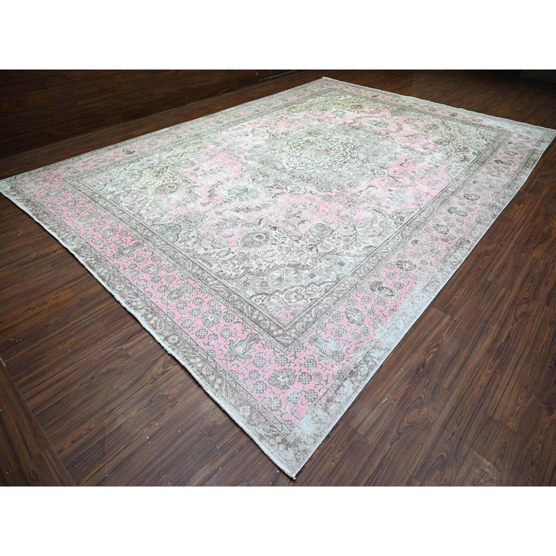 11'3"x15'9" Blush Pink, Vintage Tabriz, Distressed Look, Cropped Thin, Worn Out, Soft Wool, Hand Knotted, Oriental Rug HR74481 - Image 4