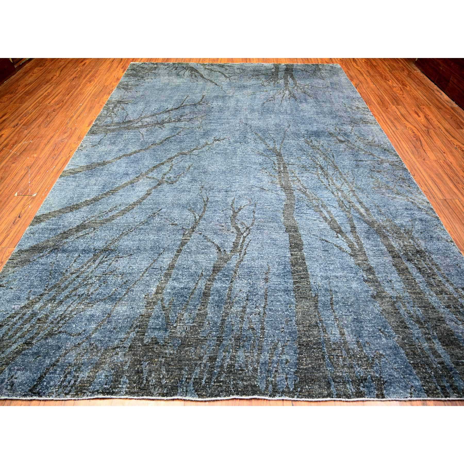 8'10"x12'1" Blue Gray, Modern Tree in the Dusk Design, 100% Wool, Natural Dyes, Tone on Tone, Hand Knotted, Oriental Rug HR74629 - Image 3