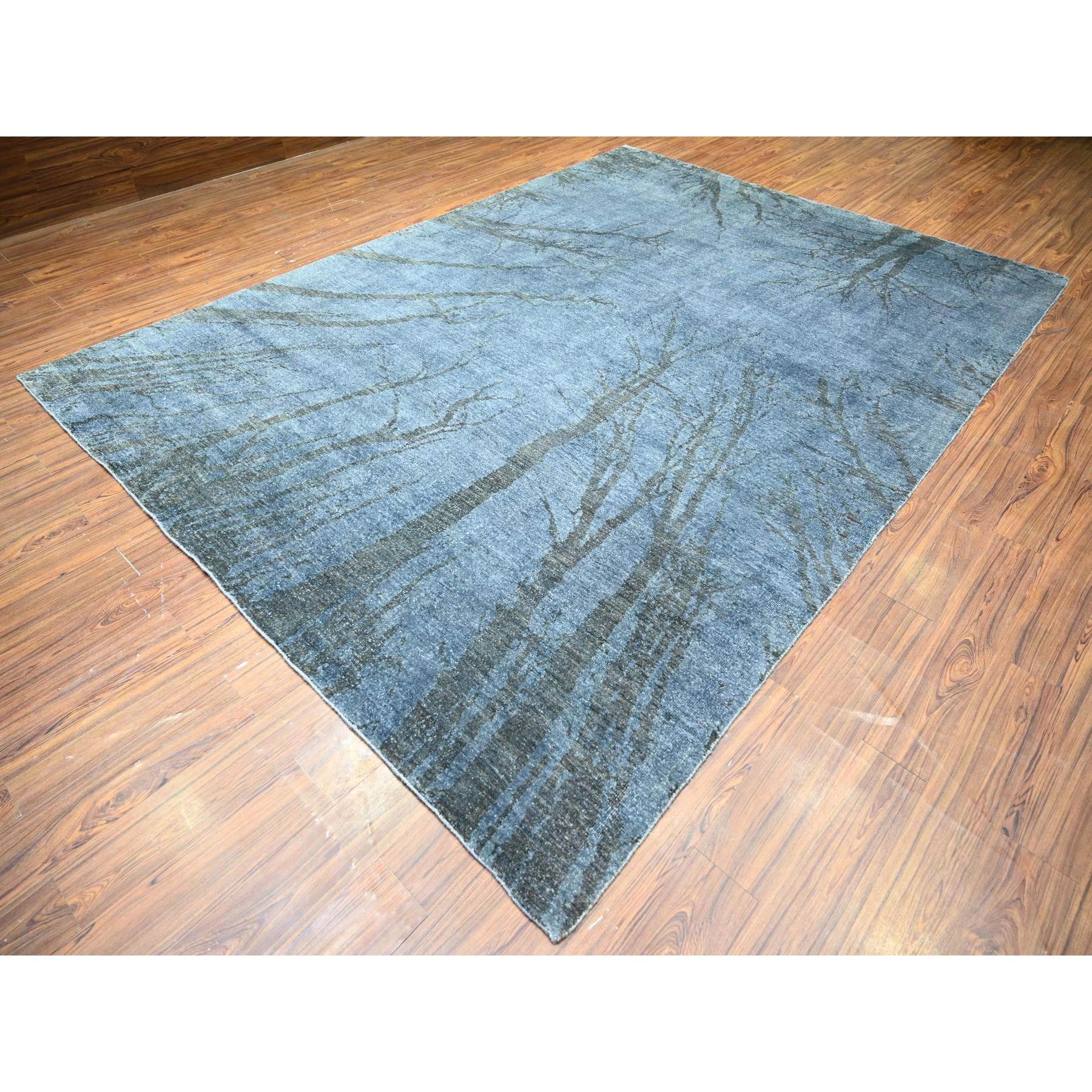 8'10"x12'1" Blue Gray, Modern Tree in the Dusk Design, 100% Wool, Natural Dyes, Tone on Tone, Hand Knotted, Oriental Rug HR74629 - Image 4