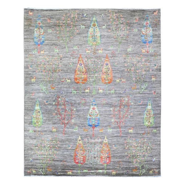8'x9'5" Wolf Gray, Hand Knotted, Folk Art Willow And Cypress Tree Design Peshawar, Borderless, Shiny and Soft Wool, Oriental Rug HR74644