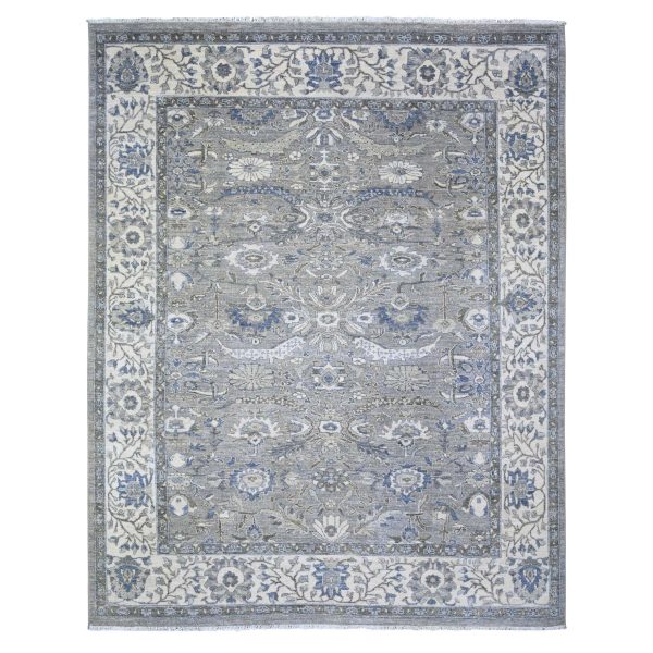 7'10"x9'9" Electric Gray and Delicate White, Heriz All Over Design with Serrated Leaf Pattern, Pure Wool, Hand Knotted, Oriental Rug HR74679